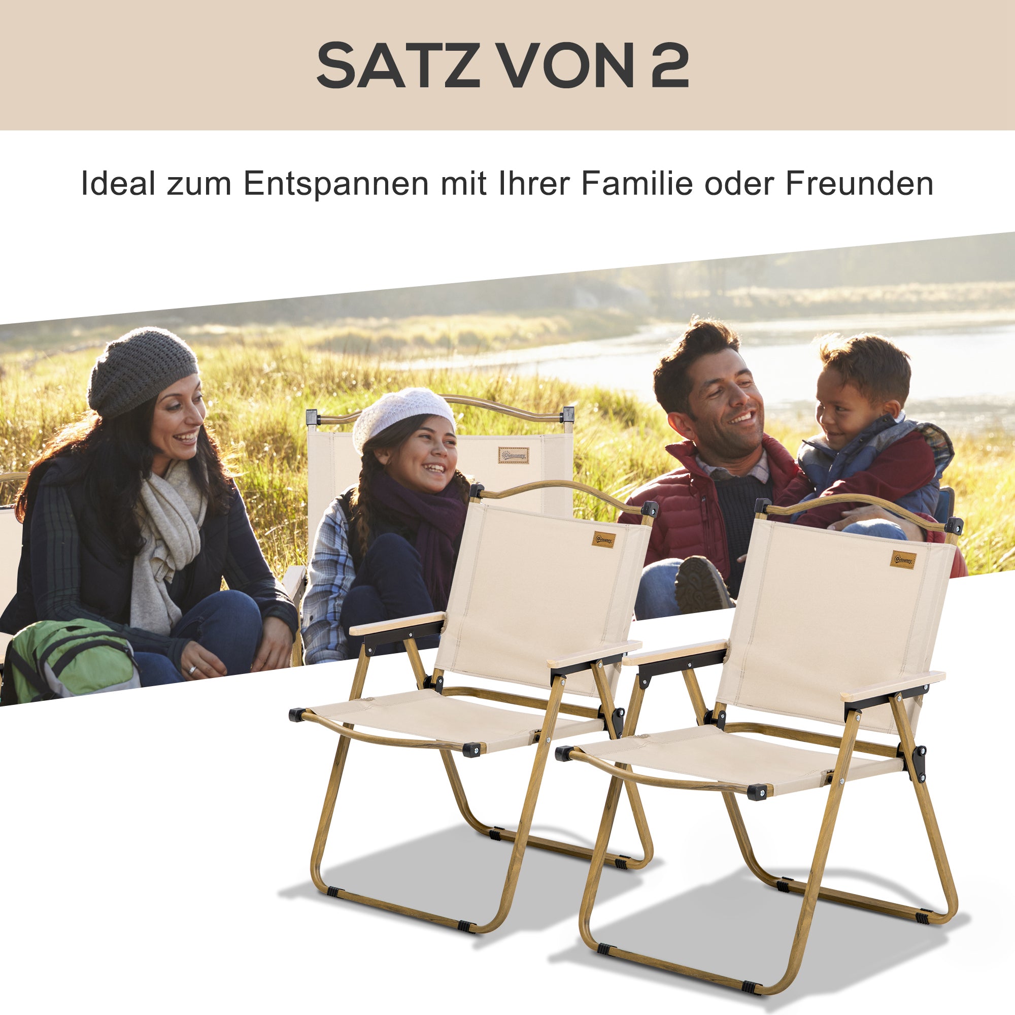 Camping Chair 2-Pack foldable garden chair with steel frame, wood look, folding chair for pool, beach, Oxford, Khaki