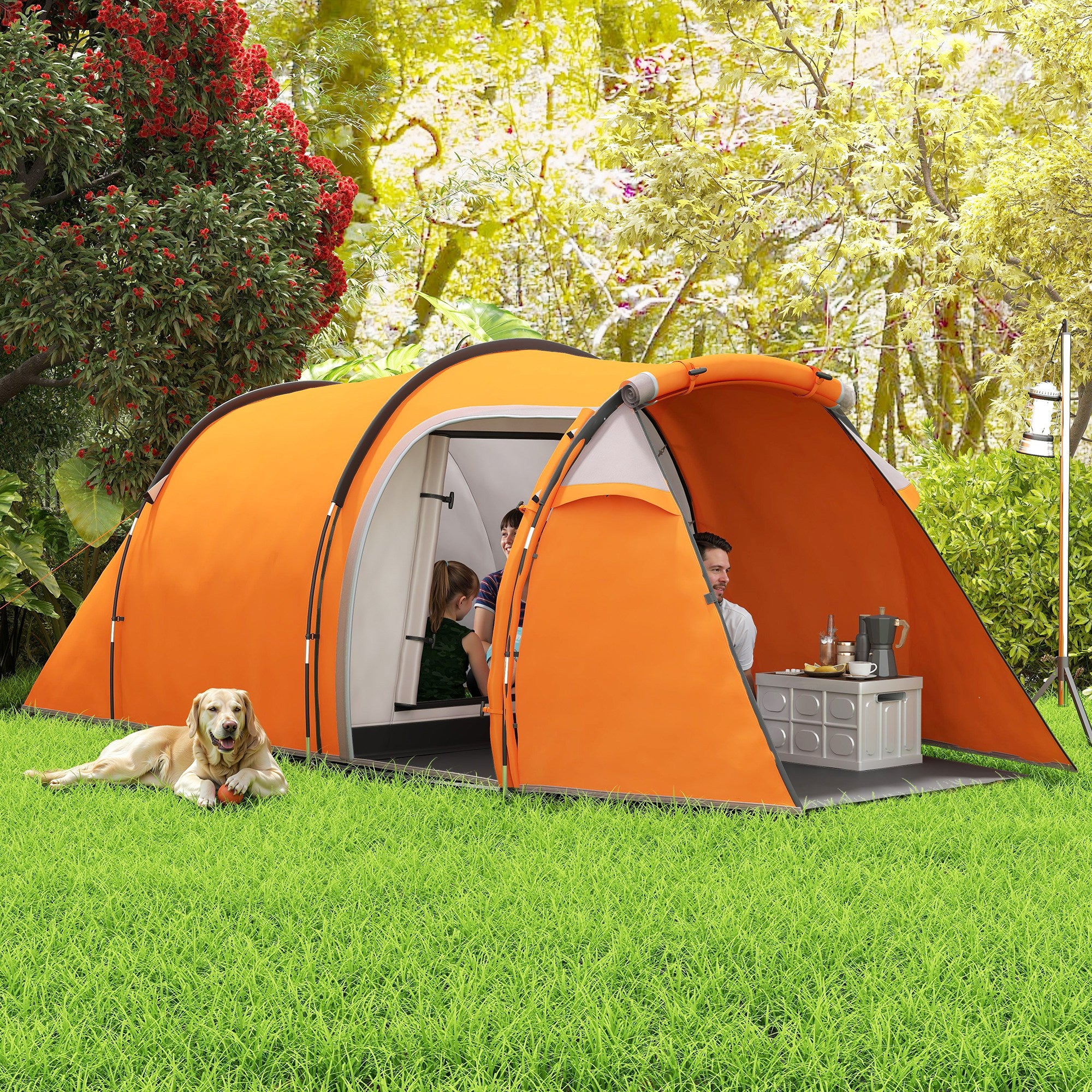 Tunnel Tent for 2–3 People, Camping Tent with Vestibule & Lantern Hook, 2000 mm Waterproof, Family/Group Tent for Travel, Trekking, Garden – Orange