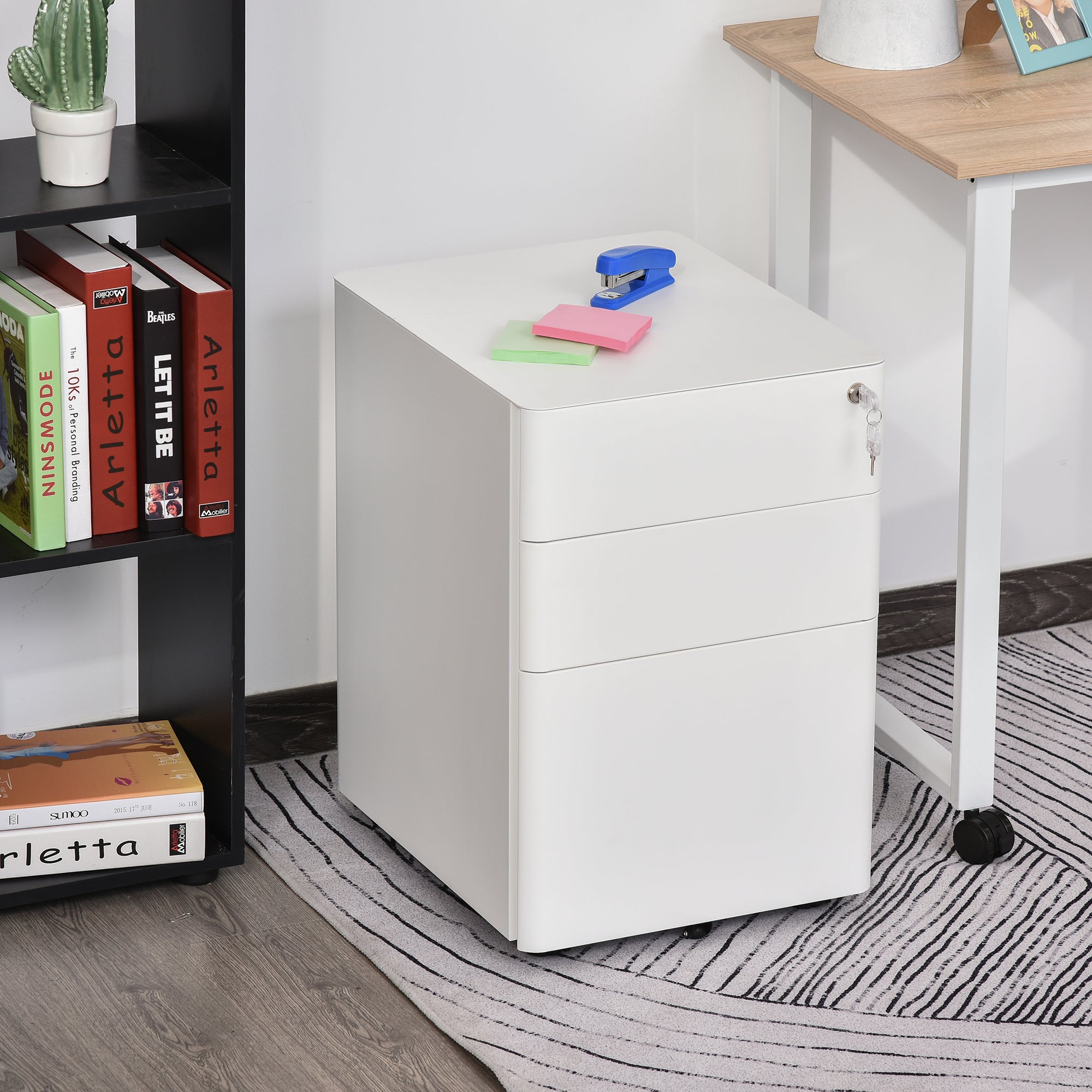 Rolling Container, Mobile Filing Cabinet with 3 Drawers, Lockable Office Cabinet with Hanging File Drawer, Storage, Steel, 39 x 48 x 59 cm White