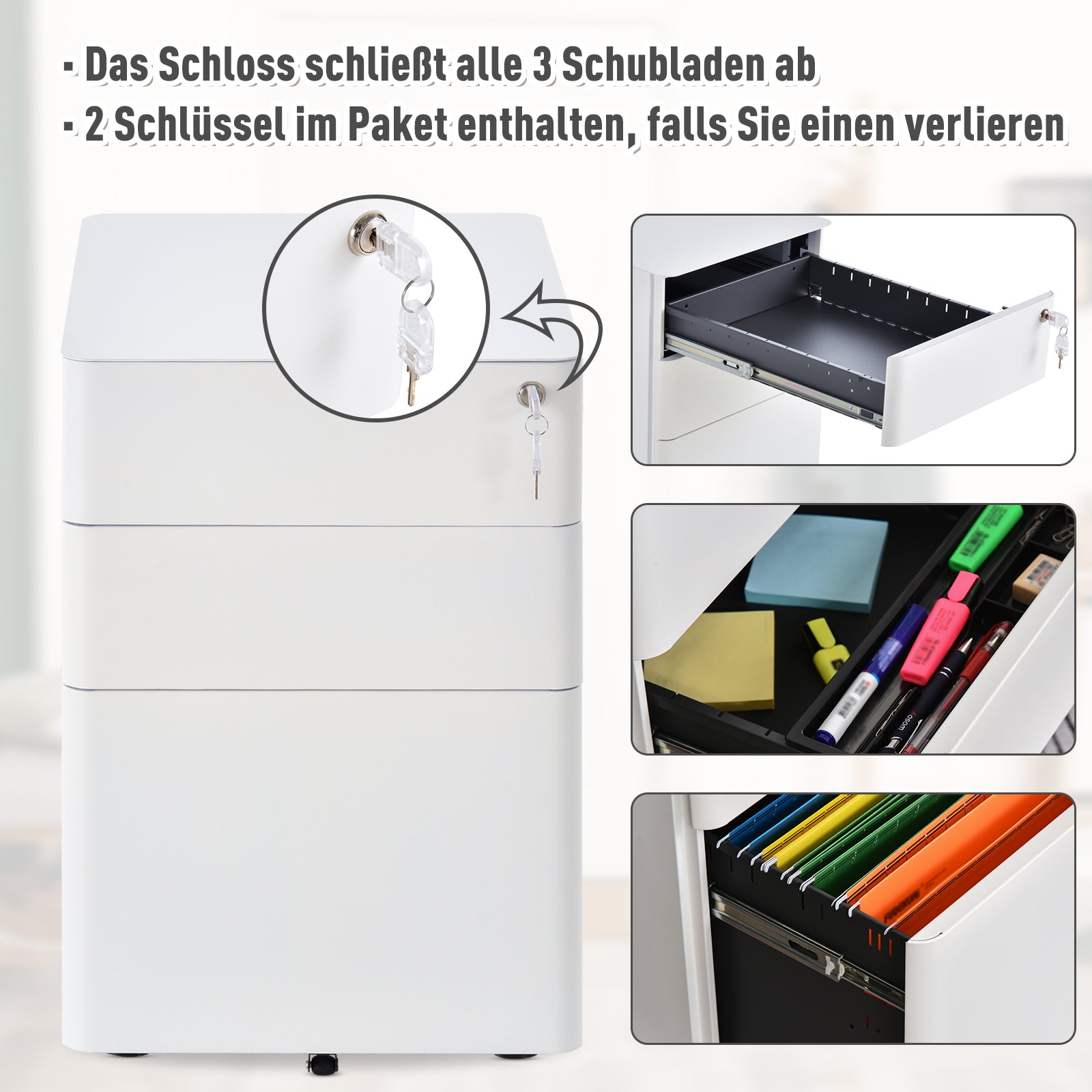 Rolling Container, Mobile Filing Cabinet with 3 Drawers, Lockable Office Cabinet with Hanging File Drawer, Storage, Steel, 39 x 48 x 59 cm White
