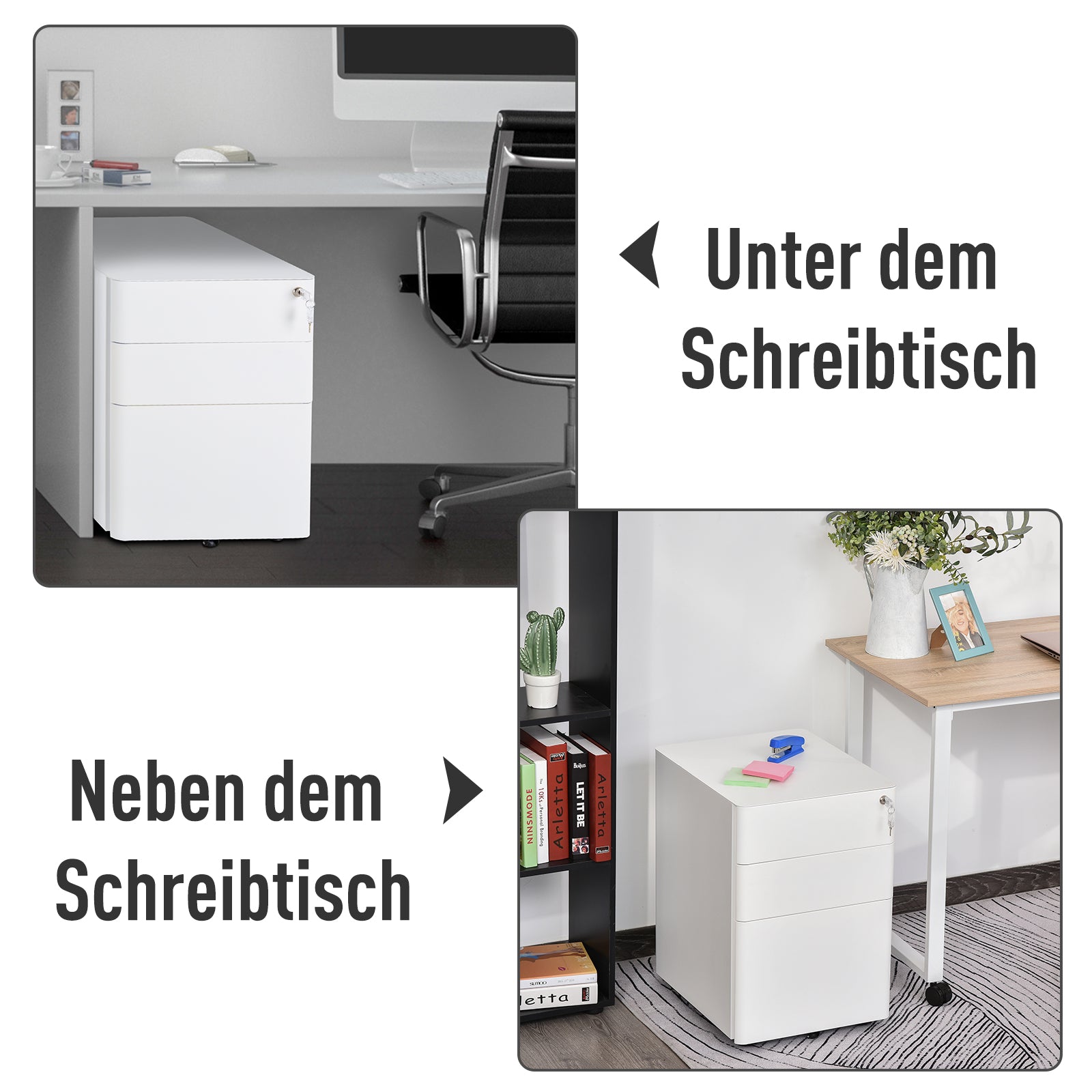 Rolling Container, Mobile Filing Cabinet with 3 Drawers, Lockable Office Cabinet with Hanging File Drawer, Storage, Steel, 39 x 48 x 59 cm White