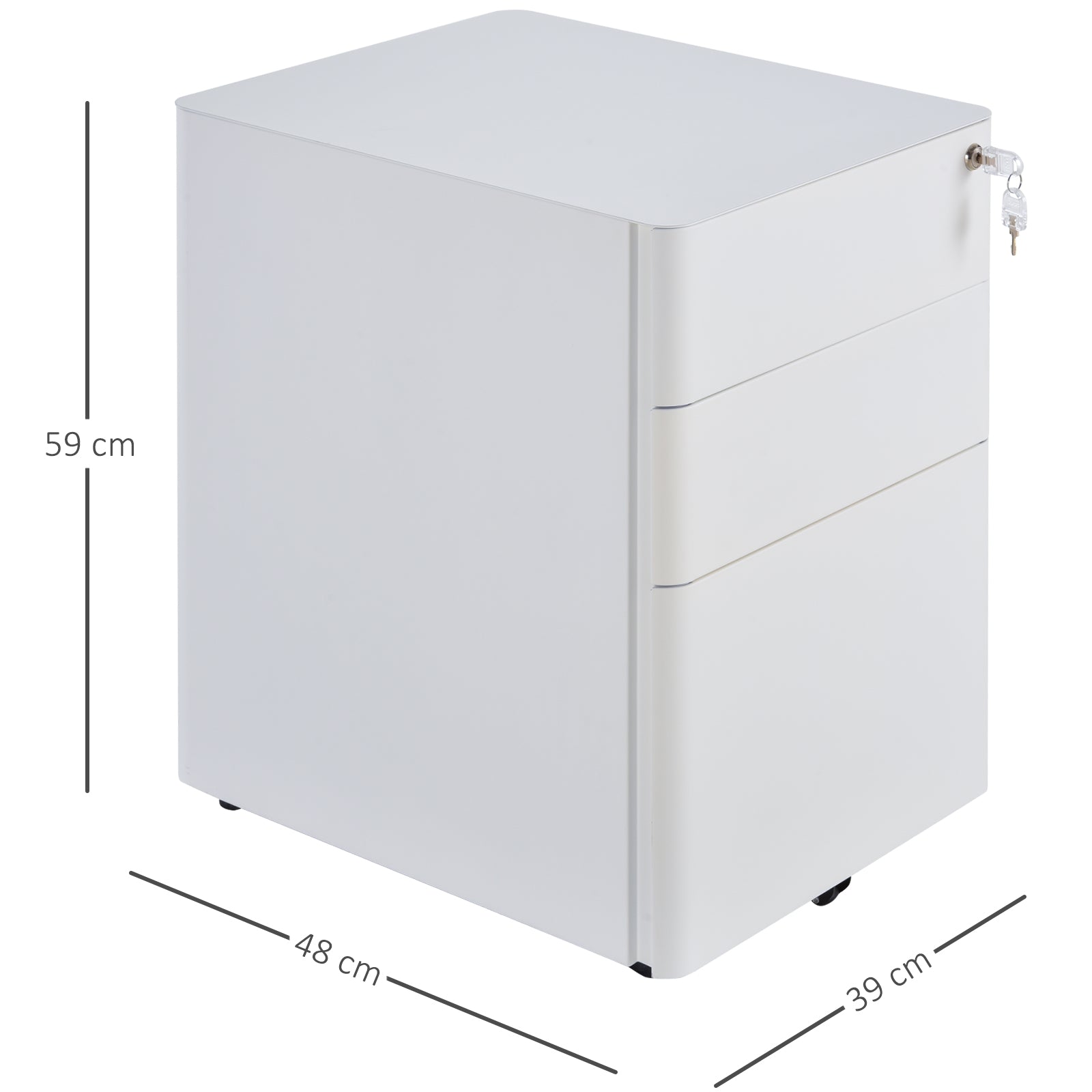 Rolling Container, Mobile Filing Cabinet with 3 Drawers, Lockable Office Cabinet with Hanging File Drawer, Storage, Steel, 39 x 48 x 59 cm White