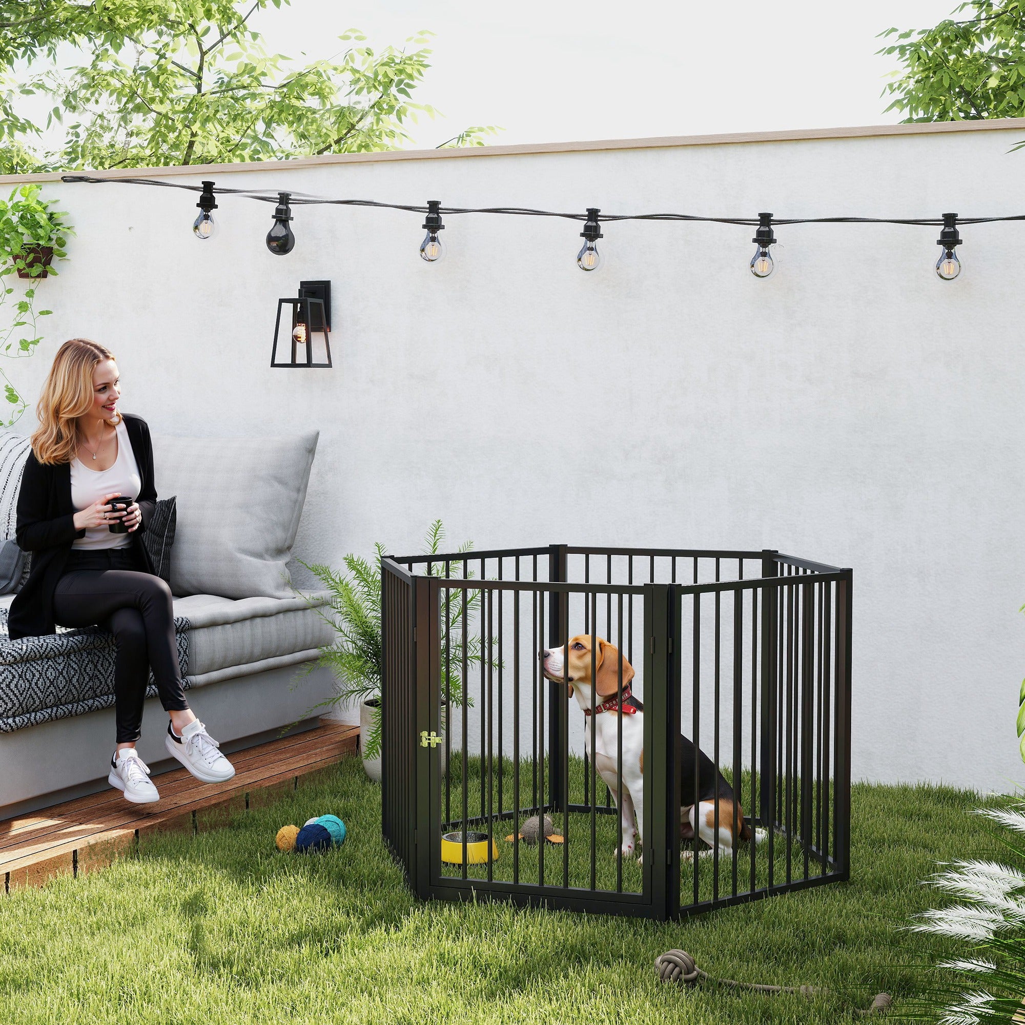 Puppy Playpen 76 cm High, 6-Piece Puppy Playpen with Door, Pet Playpen for Small to Medium Dogs, Rabbits, Guinea Pigs, Steel, Black
