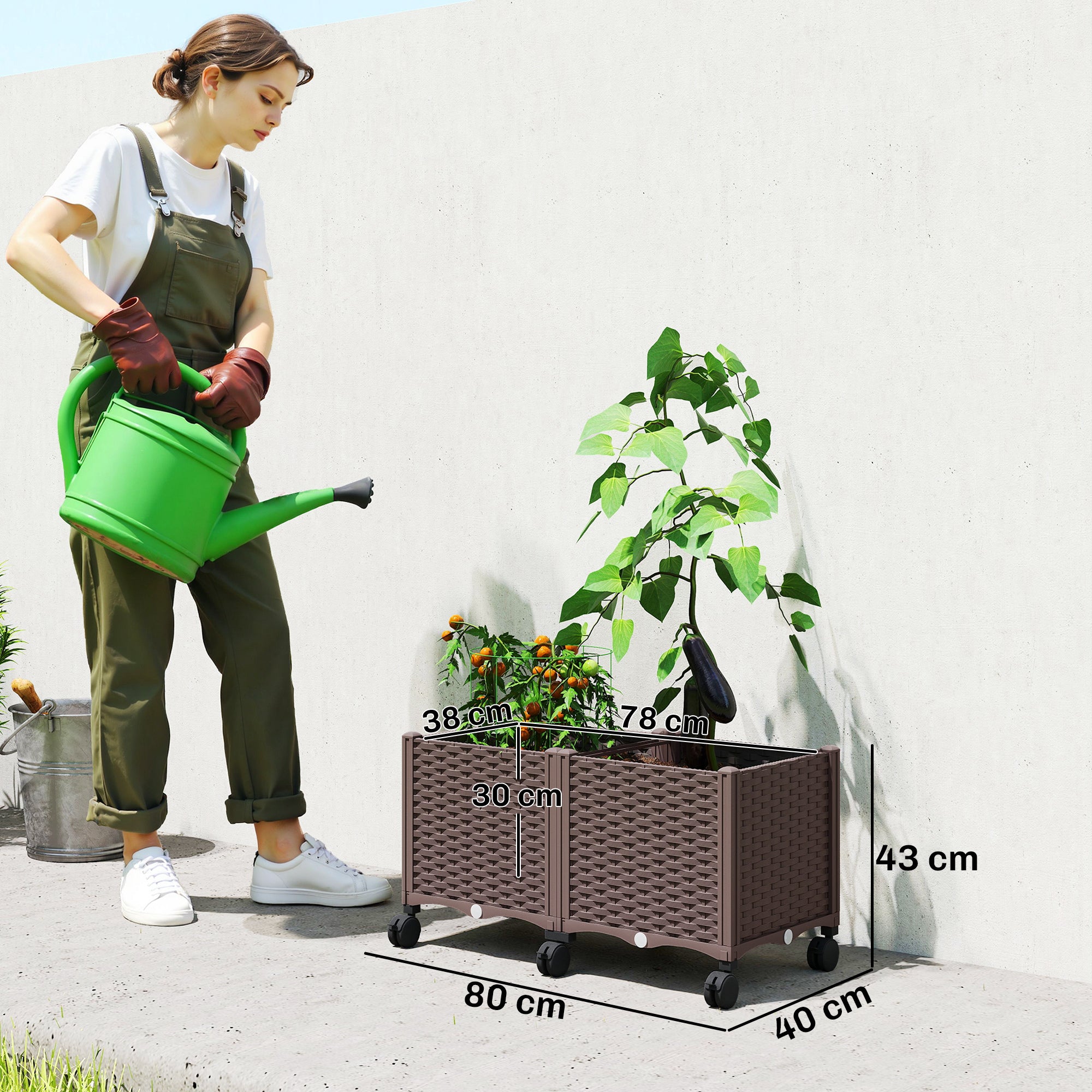 Raised Planter with 6 Wheels — Mobile Outdoor Plastic Planter with Self-Watering Reservoir & Drainage, 31.5×15.7×16.9 in, Brown