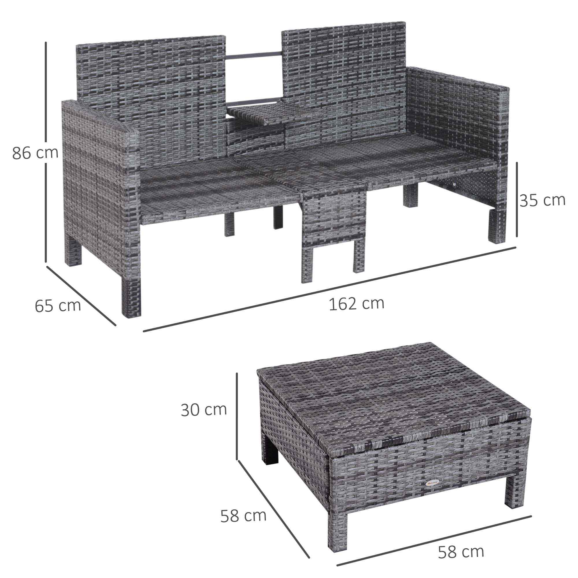 3 Piece Garden Sofa Patio Furniture Lounge Set Rattan Furniture Grey Poly Rattan + Metal 2-Seater Sofa 2 x Ottoman Cushions