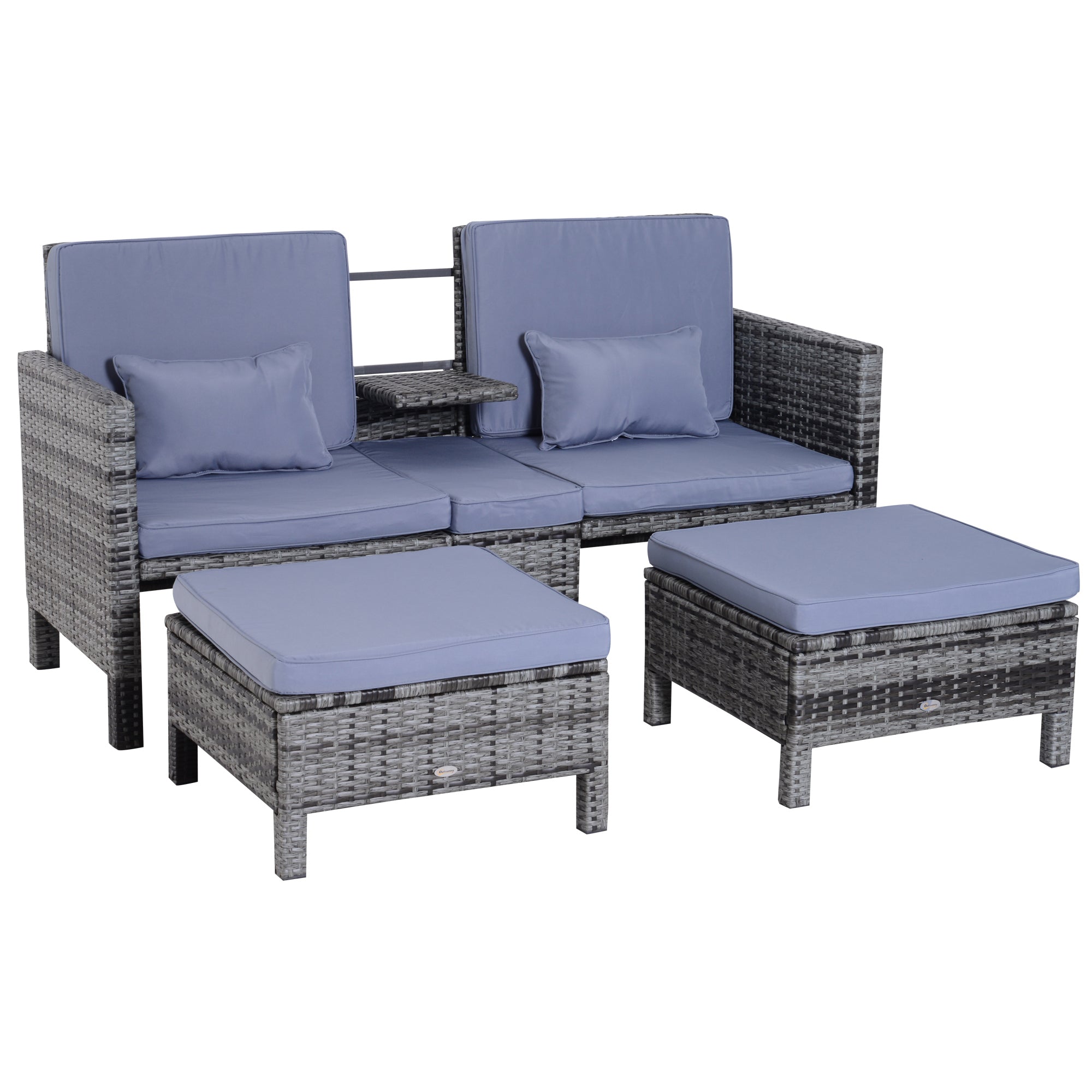 3 Piece Garden Sofa Patio Furniture Lounge Set Rattan Furniture Grey Poly Rattan + Metal 2-Seater Sofa 2 x Ottoman Cushions