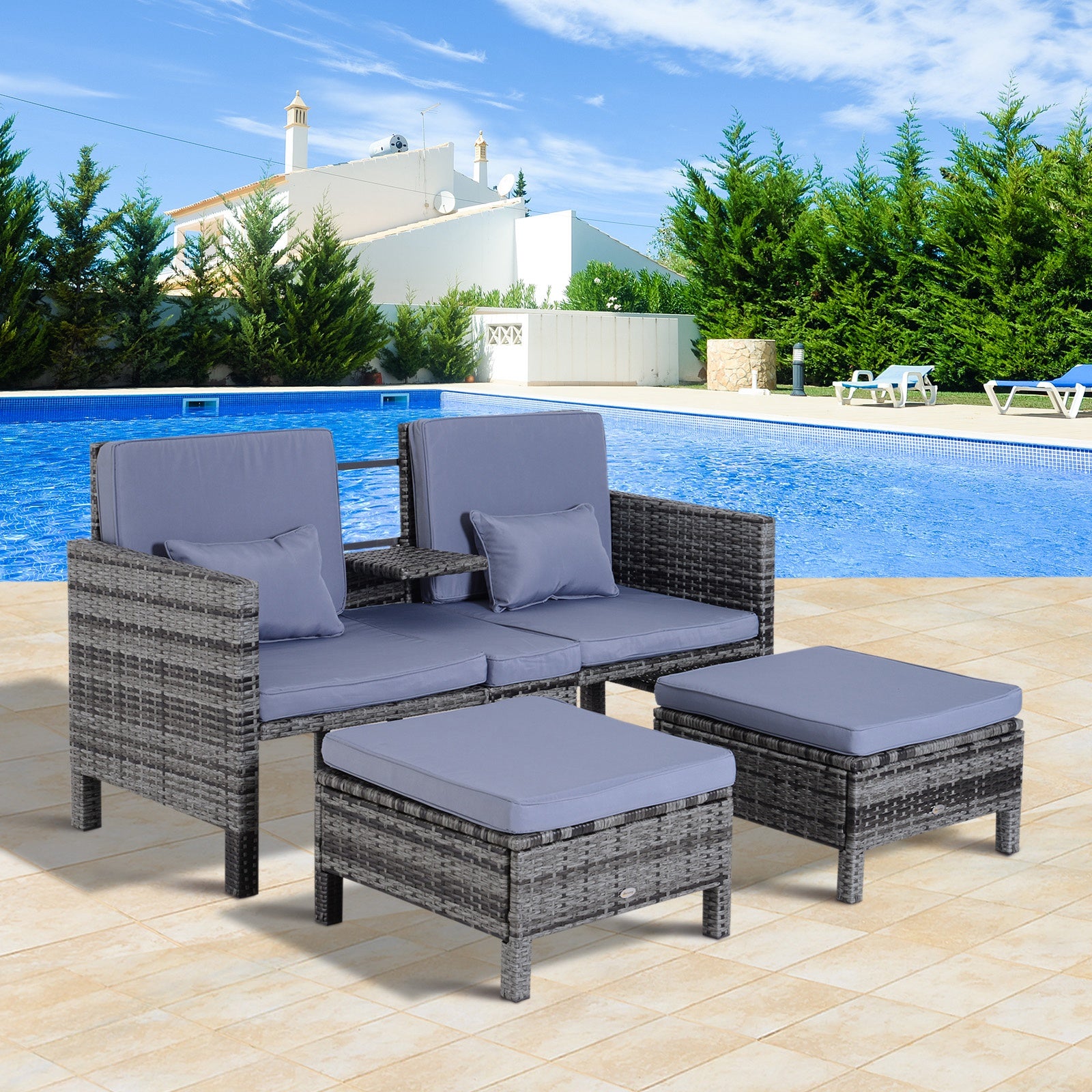 3 Piece Garden Sofa Patio Furniture Lounge Set Rattan Furniture Grey Poly Rattan + Metal 2-Seater Sofa 2 x Ottoman Cushions
