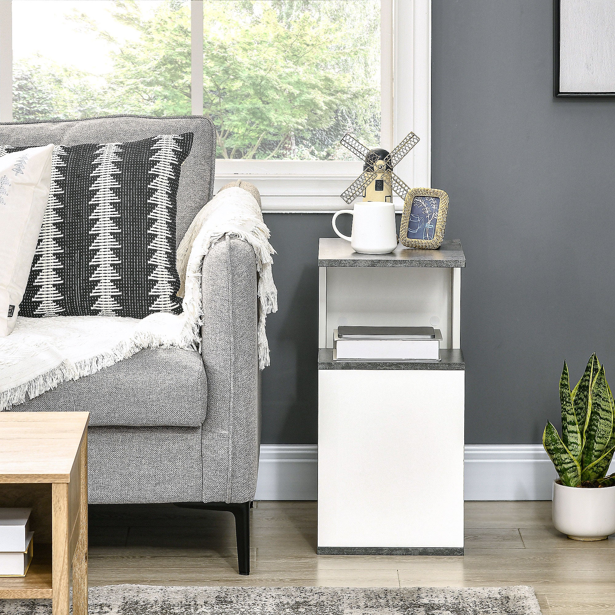 Bedside Table Nightstand Side Table with 2 Storage Shelves for Bedroom Living Room Bed Office Modern Style 35x29.5x60 cm Gray and White
