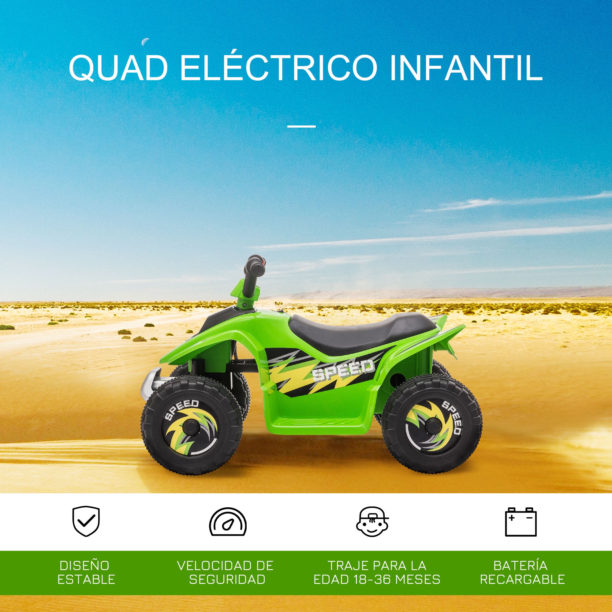 Electric Quad for Children 18-36 Months Electric ATV 6V with Forward and Reverse Maximum Load 20 kg 72x40x45.5 cm Green