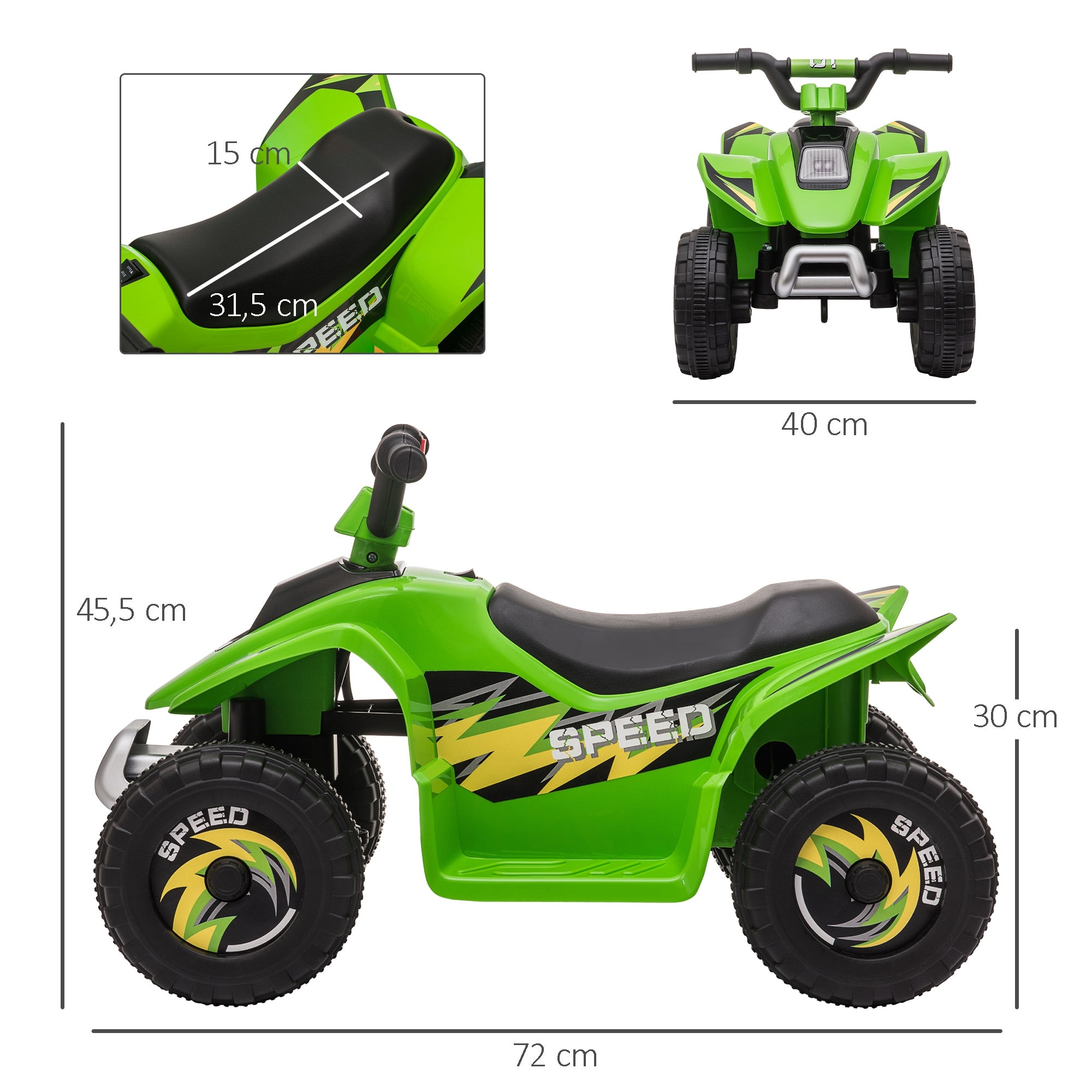 Electric Quad for Children 18-36 Months Electric ATV 6V with Forward and Reverse Maximum Load 20 kg 72x40x45.5 cm Green