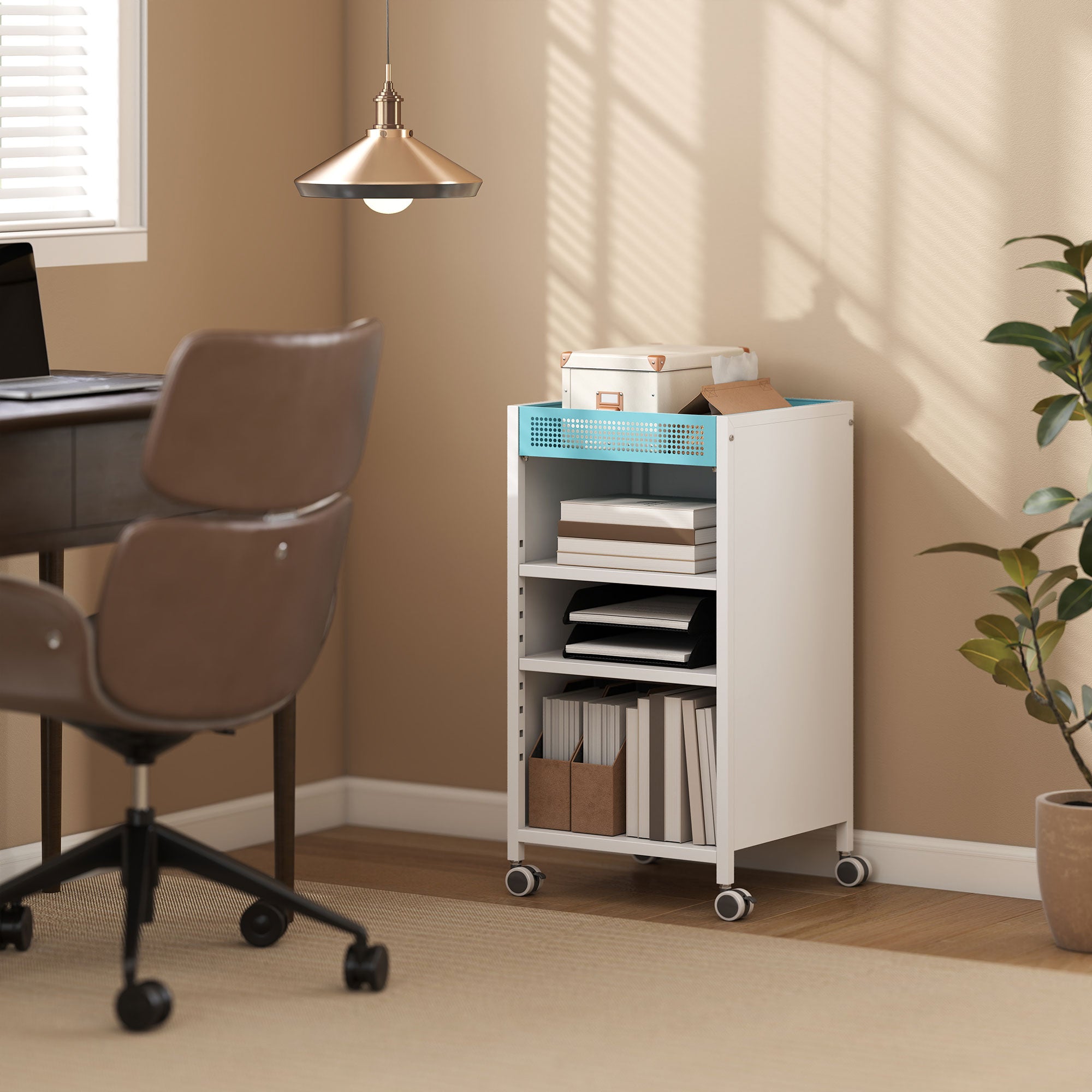 4-Tier Rolling Bookshelf with Top Basket & Adjustable Shelves, White