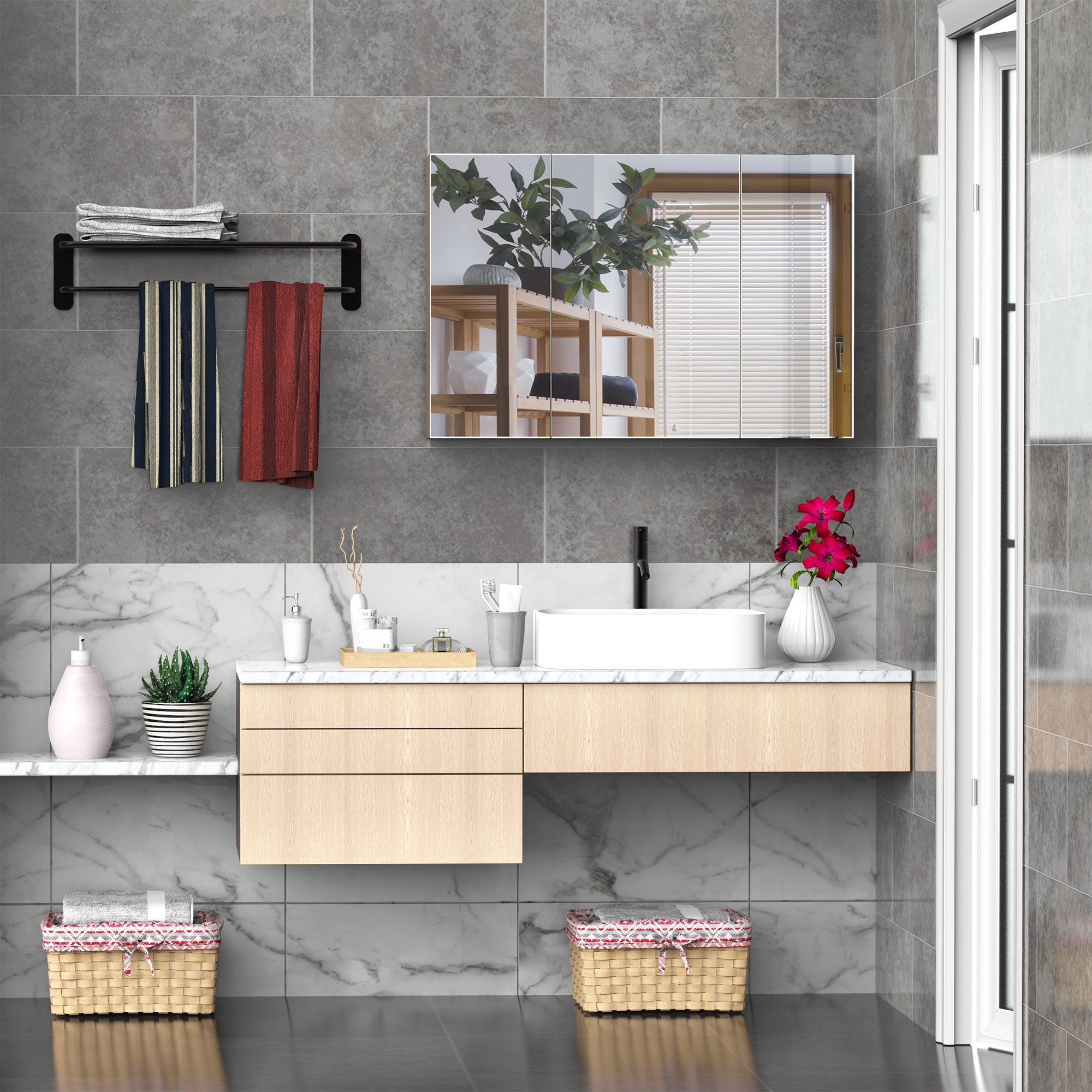 Bathroom Cabinet with Mirror Bathroom Mirror Cabinet with 3 Doors and Adjustable Shelves for Bathroom Bedroom Modern Style 90x60x13.5 cm Oak