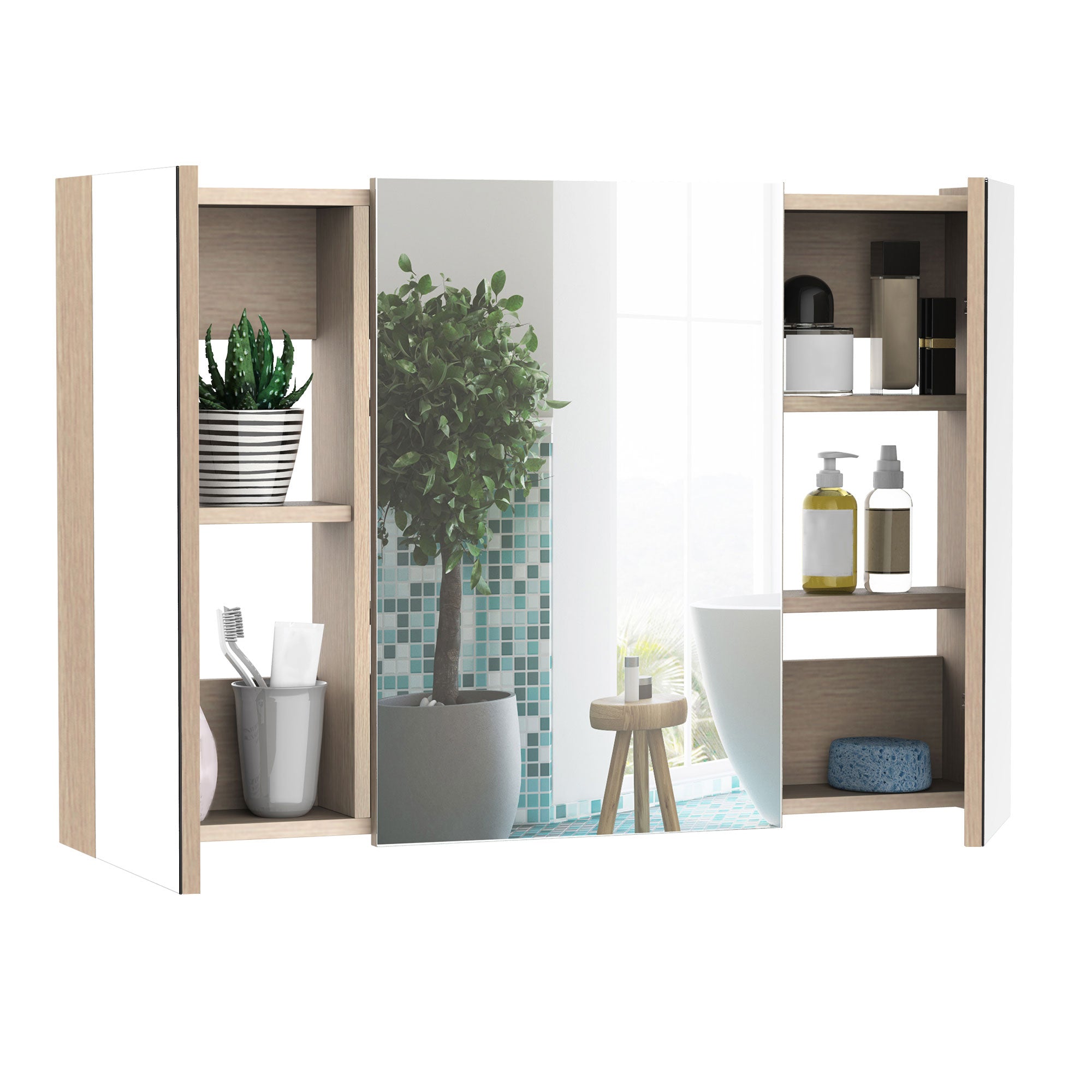 Bathroom Cabinet with Mirror Bathroom Mirror Cabinet with 3 Doors and Adjustable Shelves for Bathroom Bedroom Modern Style 90x60x13.5 cm Oak