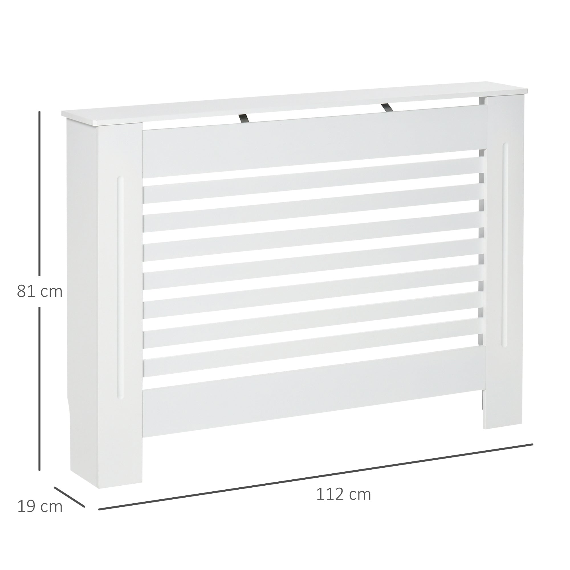 White Wooden Radiator Cover for Radiators, with Slatted Structure and Shelf, 112 x 19 x 81cm