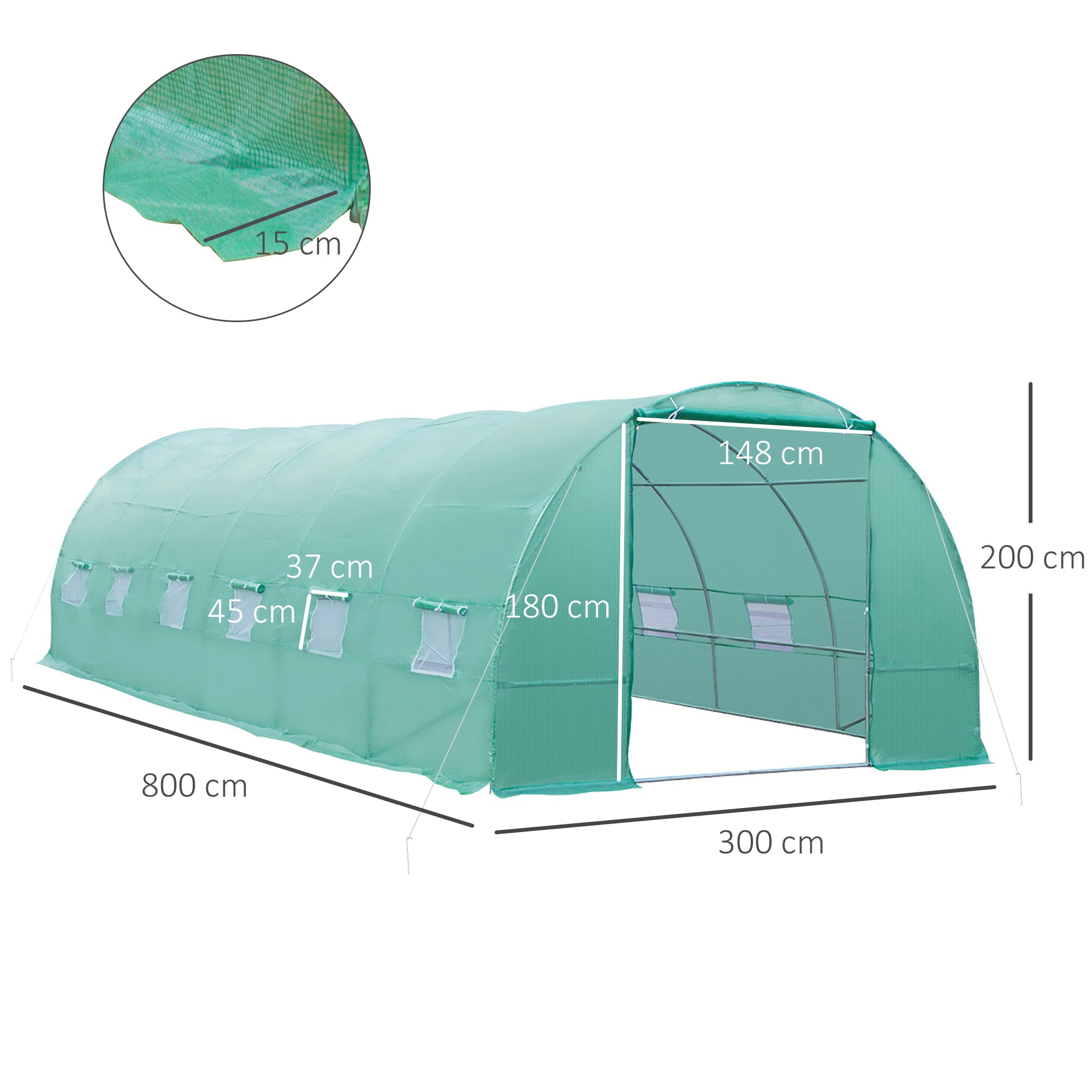Greenhouse 800x300x200cm Foil Greenhouse Tomato House with Door, 12 Windows, Foil Tunnel Made of Galvanized Steel, PE, Stable Greenhouse Plant Tunnel, Including Ground Anchors & Ropes