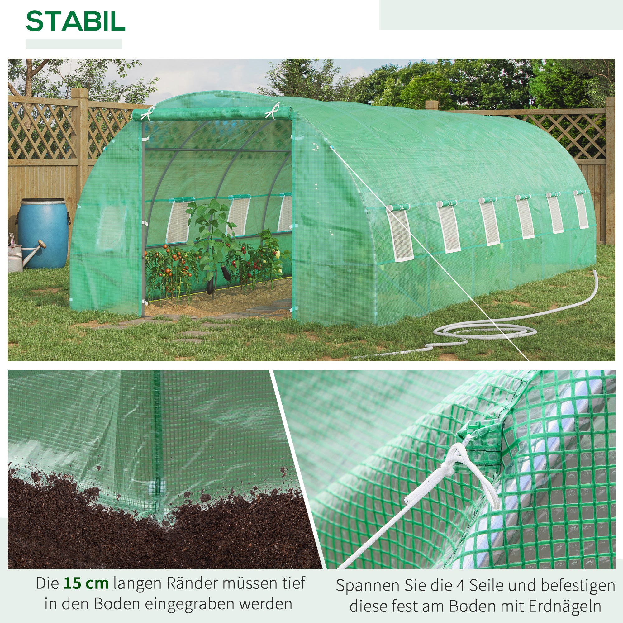 Greenhouse 800x300x200cm Foil Greenhouse Tomato House with Door, 12 Windows, Foil Tunnel Made of Galvanized Steel, PE, Stable Greenhouse Plant Tunnel, Including Ground Anchors & Ropes