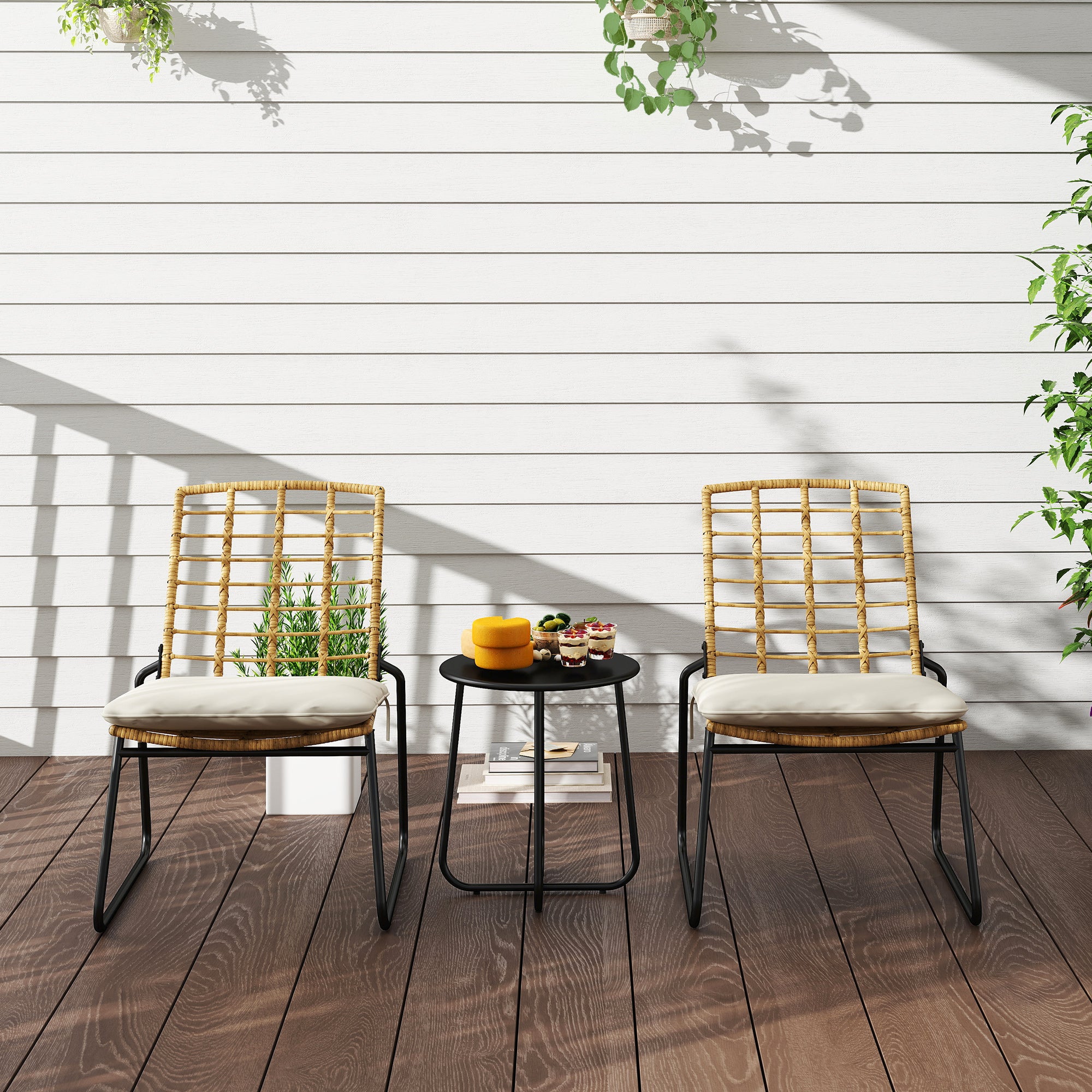 Rattan Garden Furniture Set, Patio Furniture Set for 2 Persons 3-piece Outdoor Seating Group with 2 Stackable Chairs, Table Cushions Weatherproof Garden Lounge for Terrace Balcony, Beige & Brown