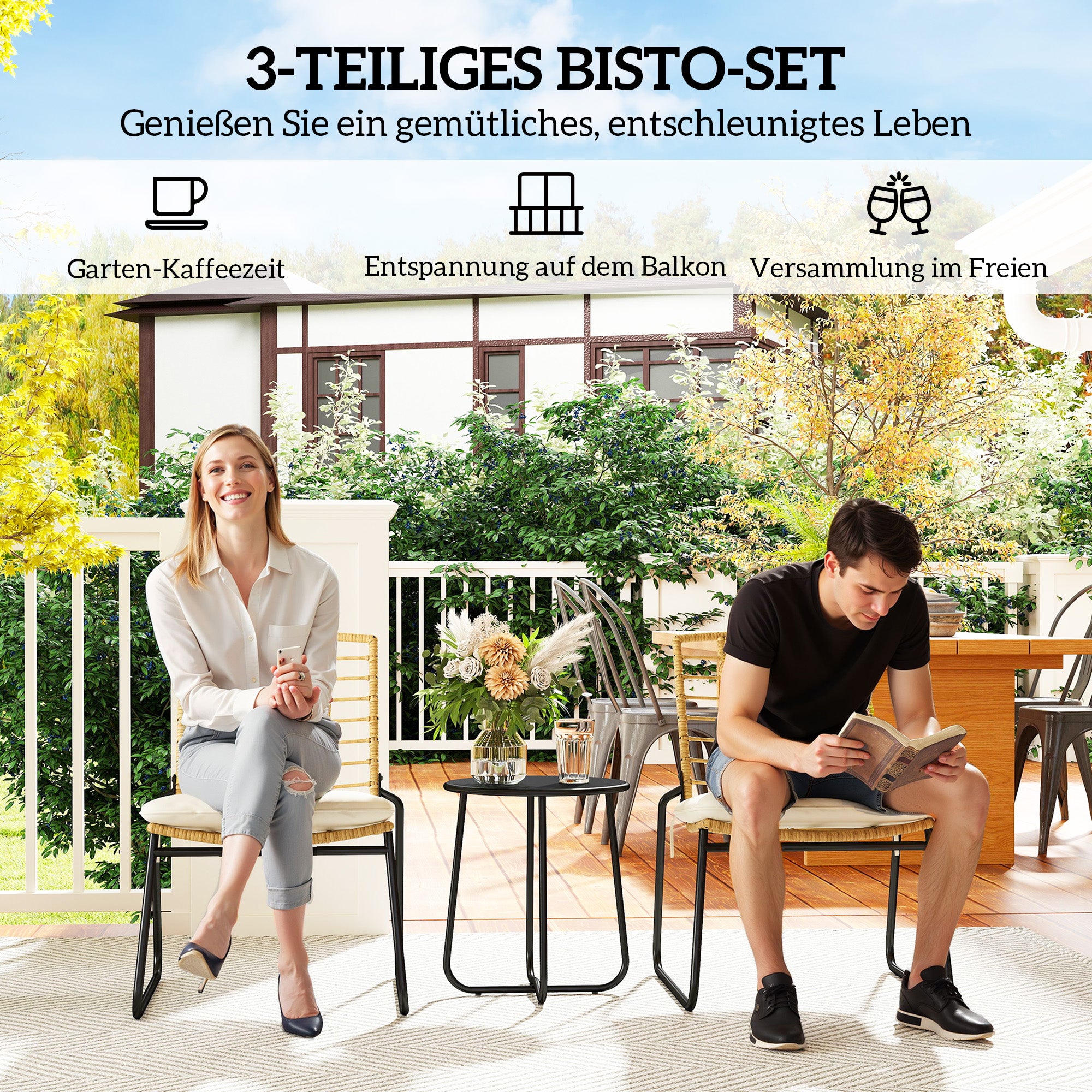 Rattan Garden Furniture Set, Patio Furniture Set for 2 Persons 3-piece Outdoor Seating Group with 2 Stackable Chairs, Table Cushions Weatherproof Garden Lounge for Terrace Balcony, Beige & Brown
