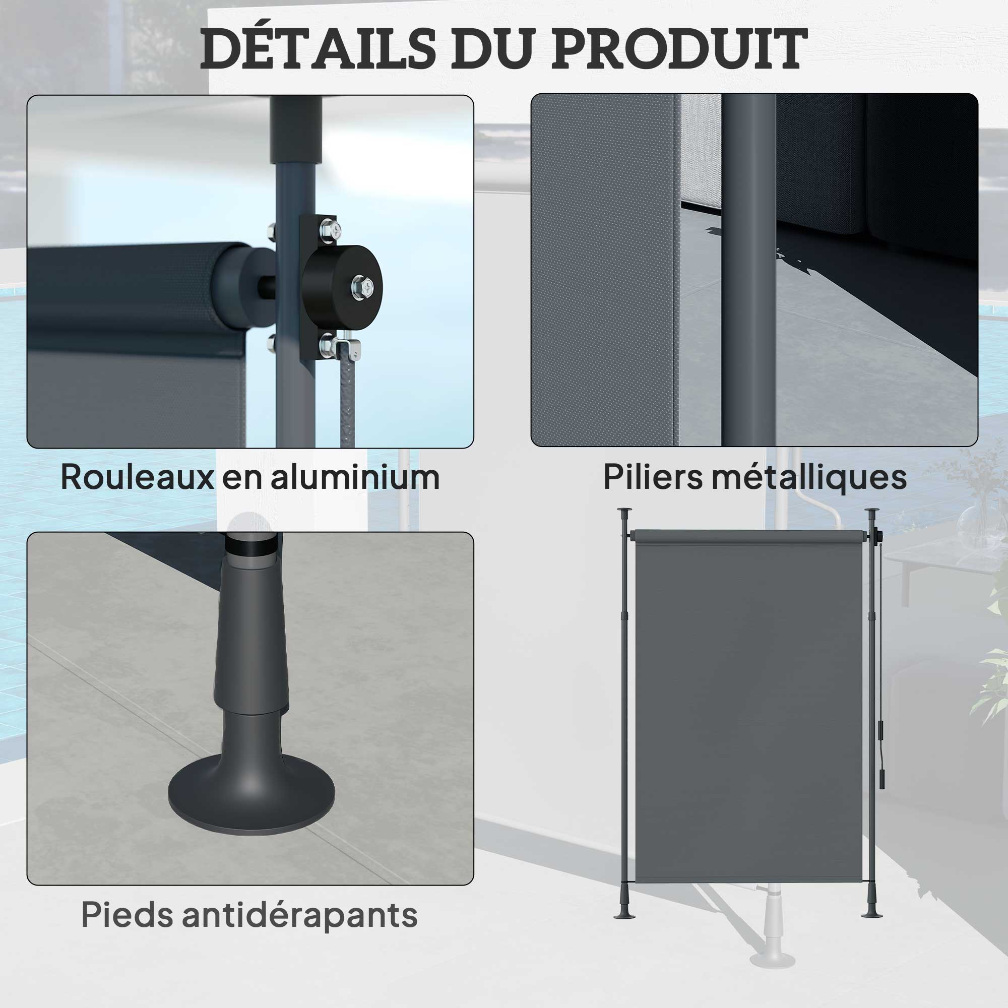 Outdoor Free-standing Awning Retractable Manual Awning Adjustable Length 2 x 2.2-3.1 m with Crank Installation Without Drilling Metal Aluminum Polyester Dark Grey