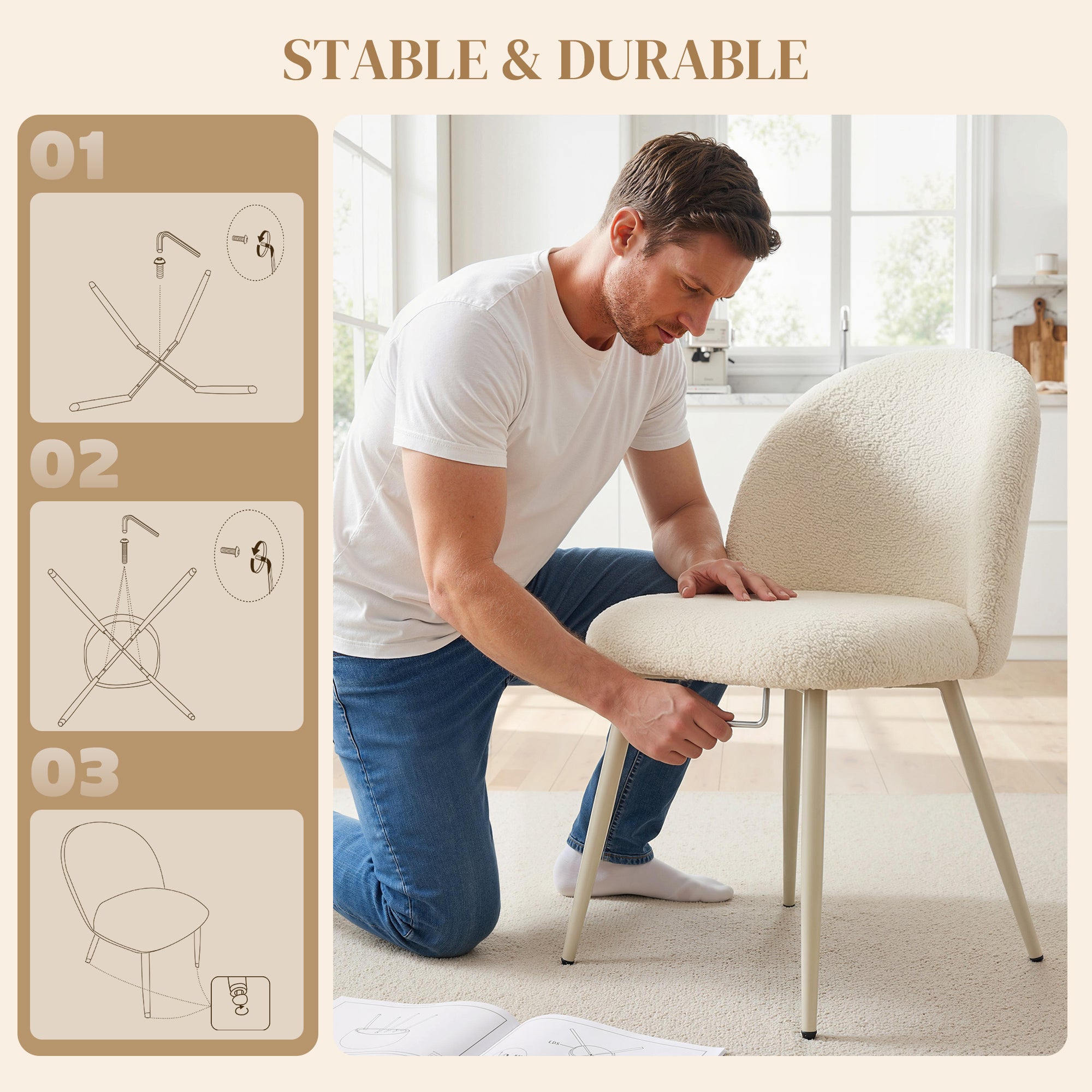 2-Pack Dining Chairs with Backrest, Cream Chenille Upholstery — Scandinavian Upholstered Side Chairs with Metal Legs
