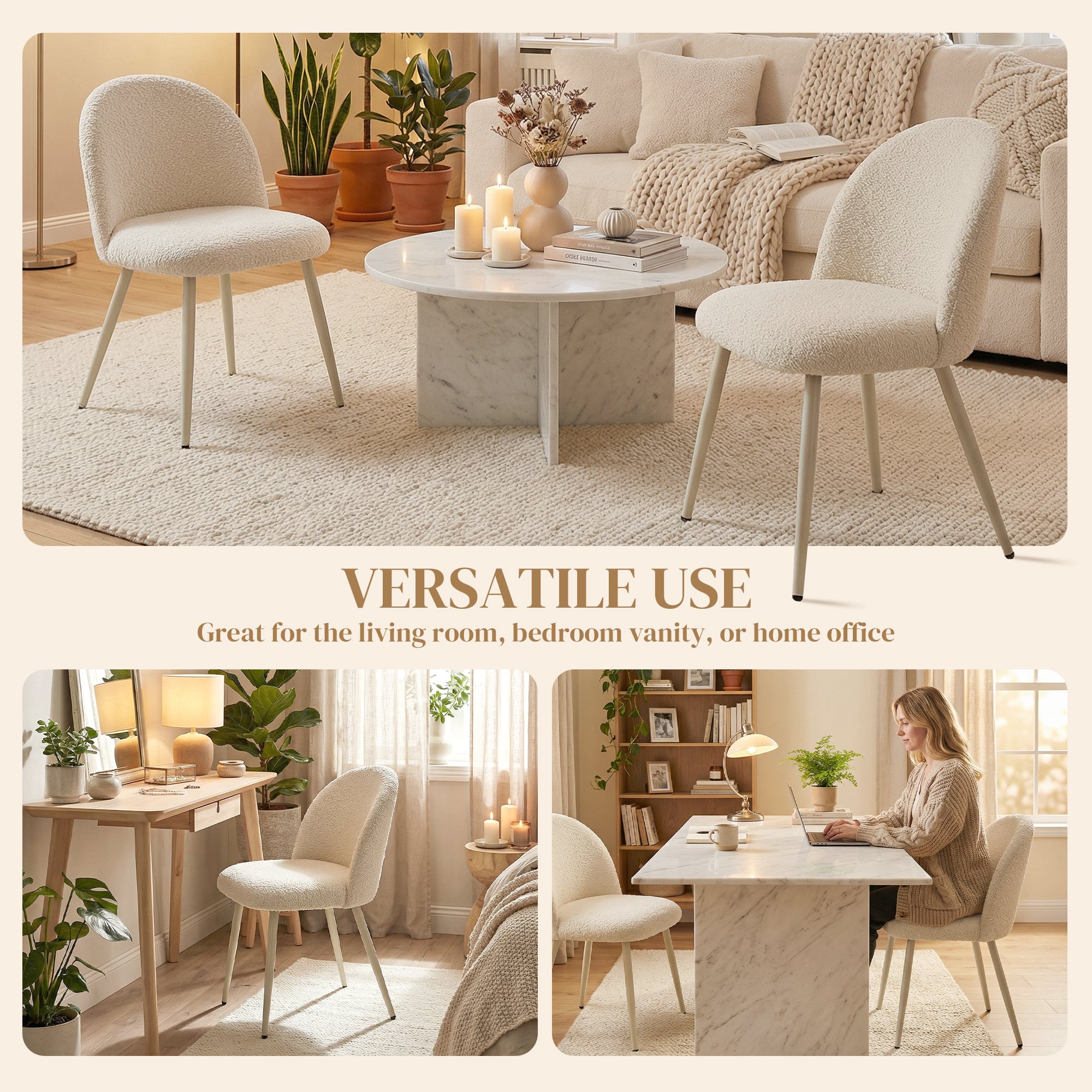 2-Pack Dining Chairs with Backrest, Cream Chenille Upholstery — Scandinavian Upholstered Side Chairs with Metal Legs