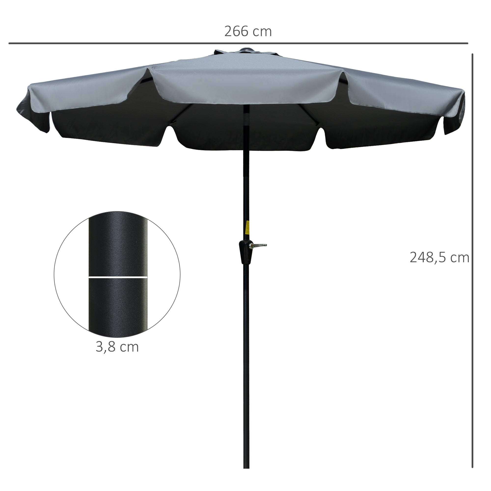 Garden Umbrella Ø266 cm Patio Umbrella Tilt with UV50+ Protection Aluminum Pole and Crank Sun Umbrella for Patio Terrace Dark Gray
