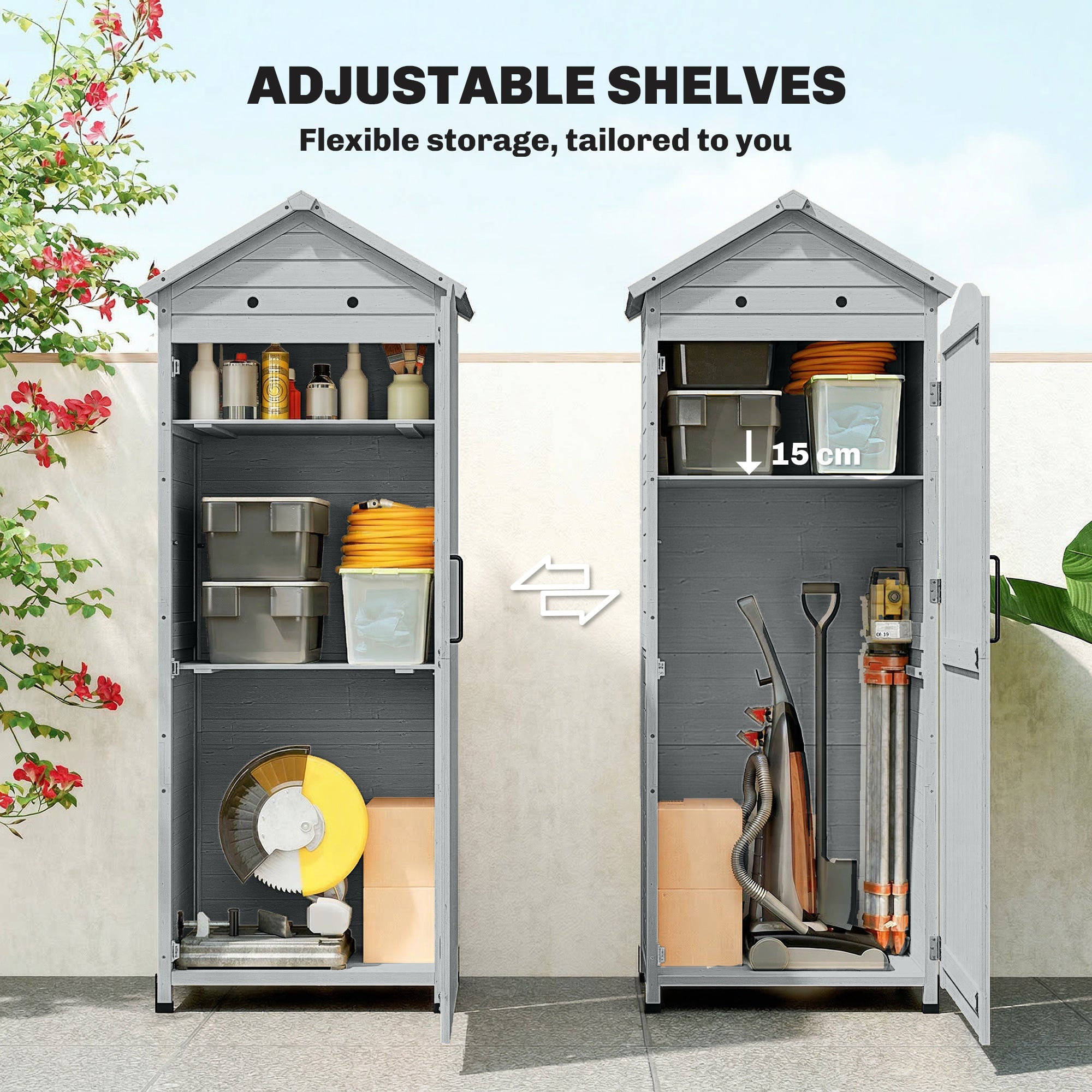 Extra-Tall Wooden Garden Storage Shed with Adjustable Shelves, Magnetic Door, Galvanized Roof, Ventilation & Anti-Tip Kit, 85 x 58 x 213 cm (33.5 x 22.8 x 84 in) – Gray