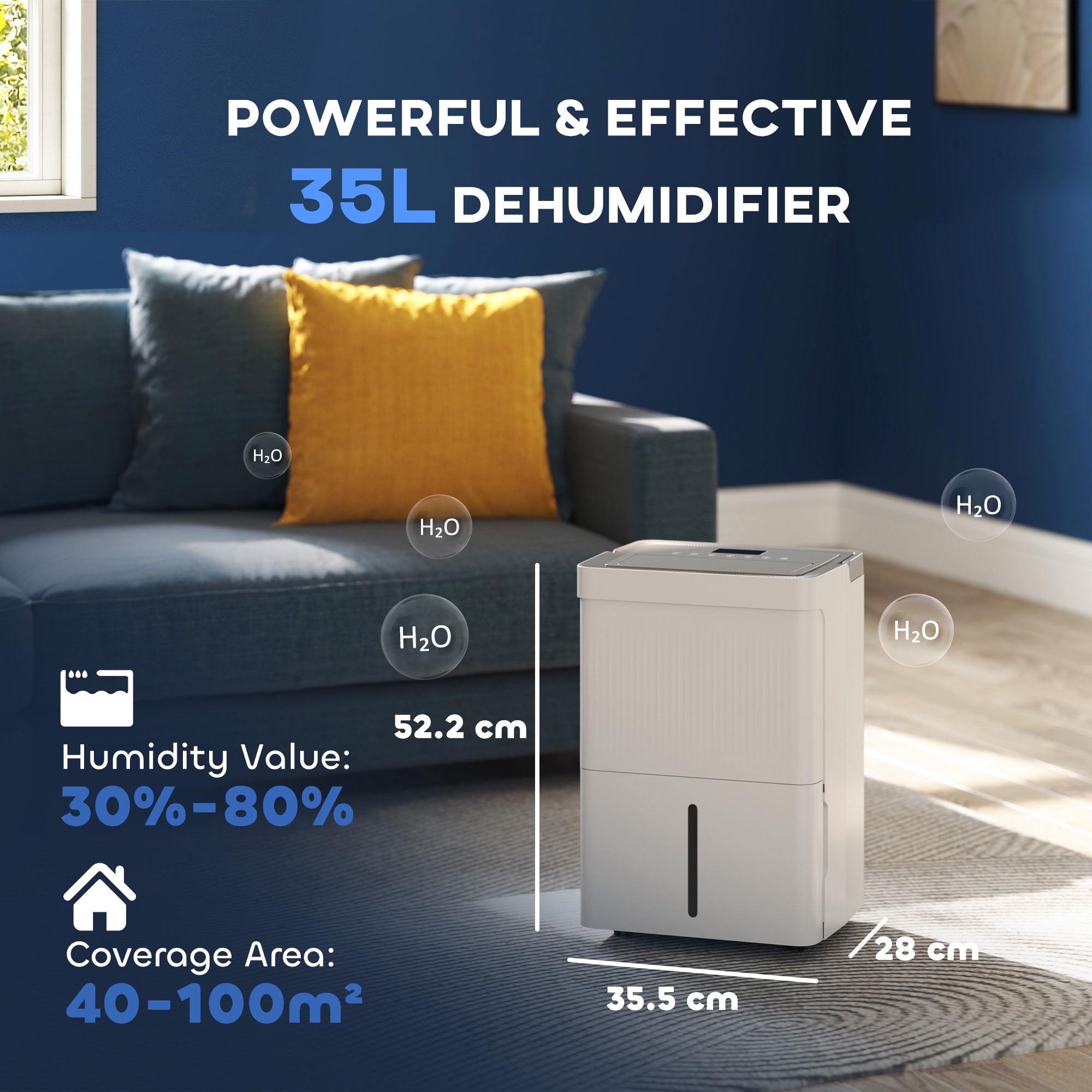 35L/day Dehumidifier Water Tank 5.5L Electric Dehumidifier with LED Screen 24H Timer Child Lock and Continuous Drainage for 40-100m² White