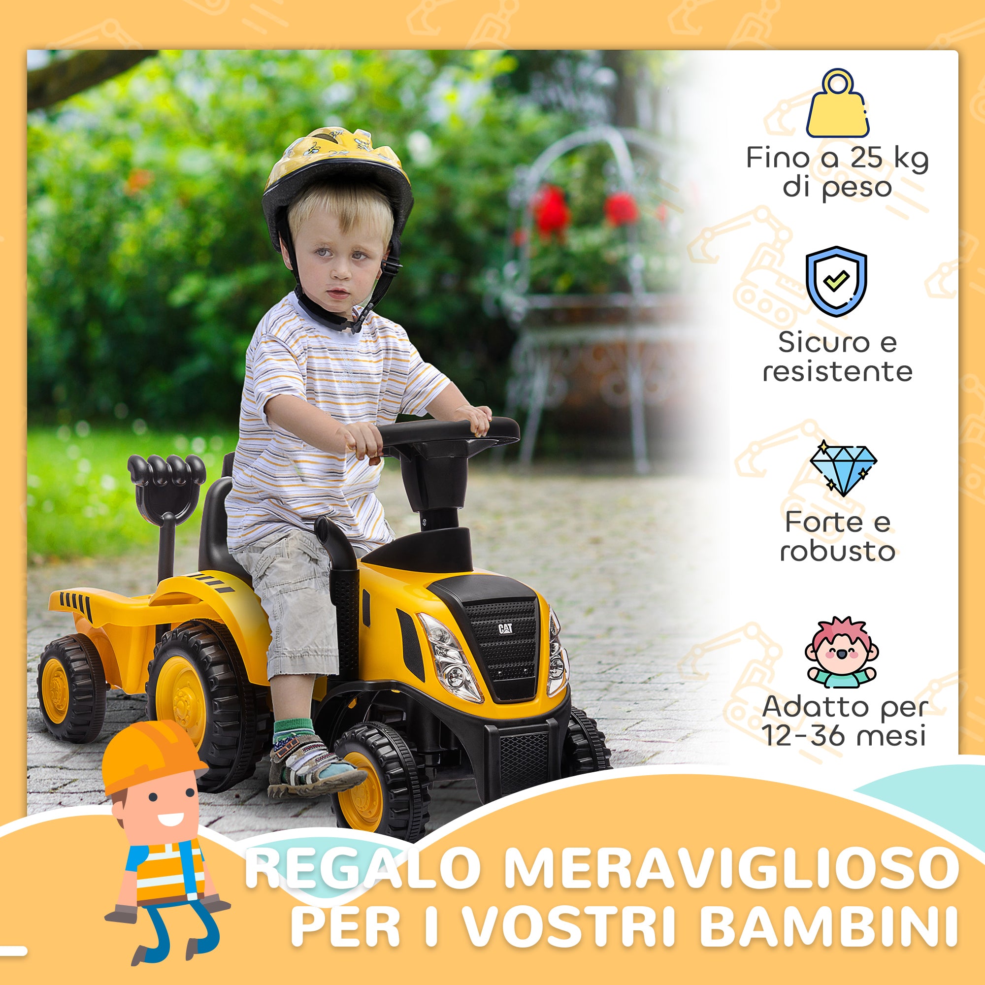 Children's Toy Truck 12-36 Months with Integrated Shovel and Trailer, Ride-On Excavator for Kids in PP and Metal, 91x29x44 cm, Yellow