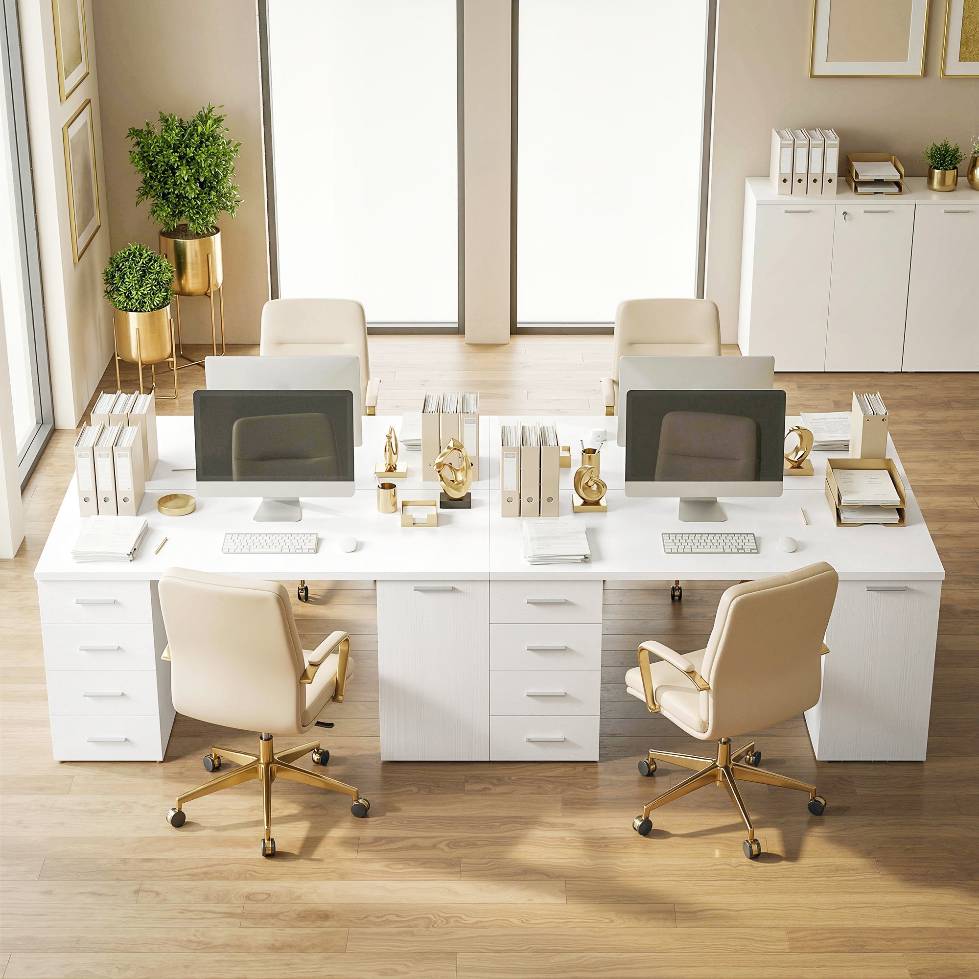 Computer Desk with 4 Drawers, 55.1 x 18.9 x 29.5 in Desk with Cabinet & Adjustable Shelf, Modern Office Desk for Office or Bedroom, White