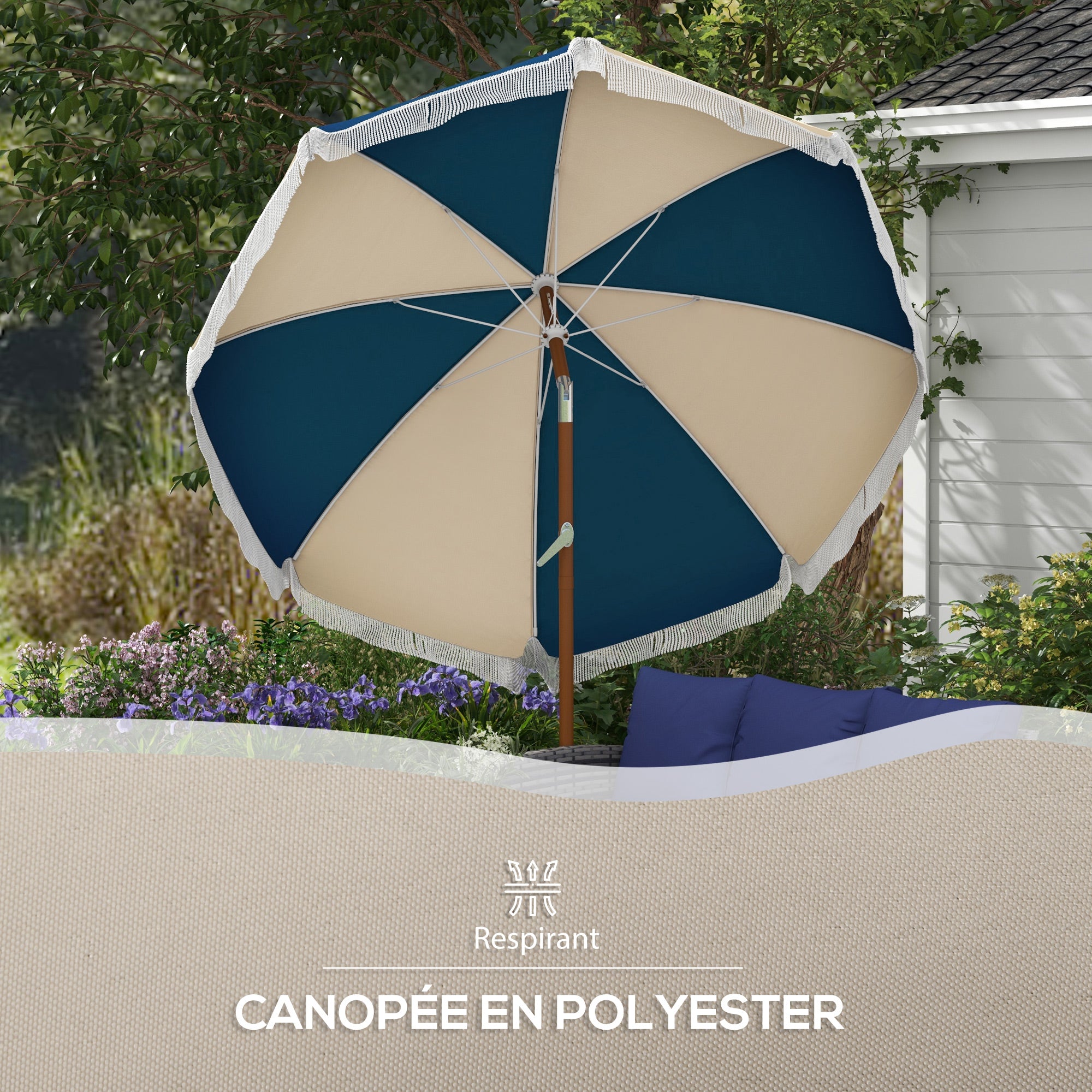 Straight garden parasol, tilting round parasol Ø 213 cm with fringes, high-density anti-UV polyester canopy, detachable mast, 8 ribs - vintage style - blue and beige