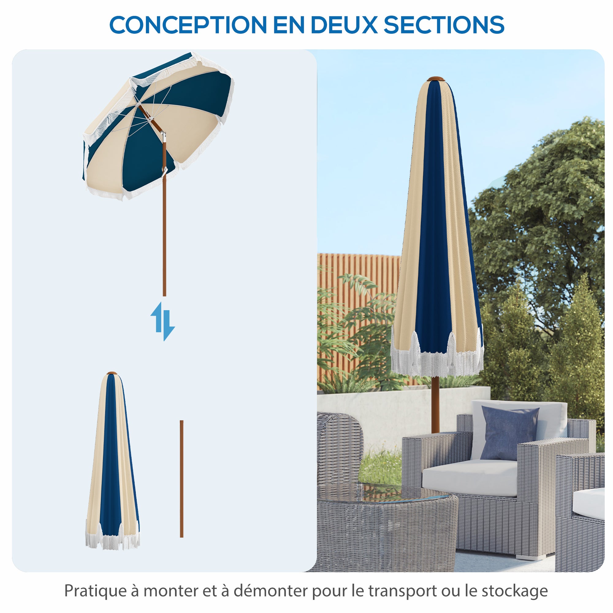 Straight garden parasol, tilting round parasol Ø 213 cm with fringes, high-density anti-UV polyester canopy, detachable mast, 8 ribs - vintage style - blue and beige