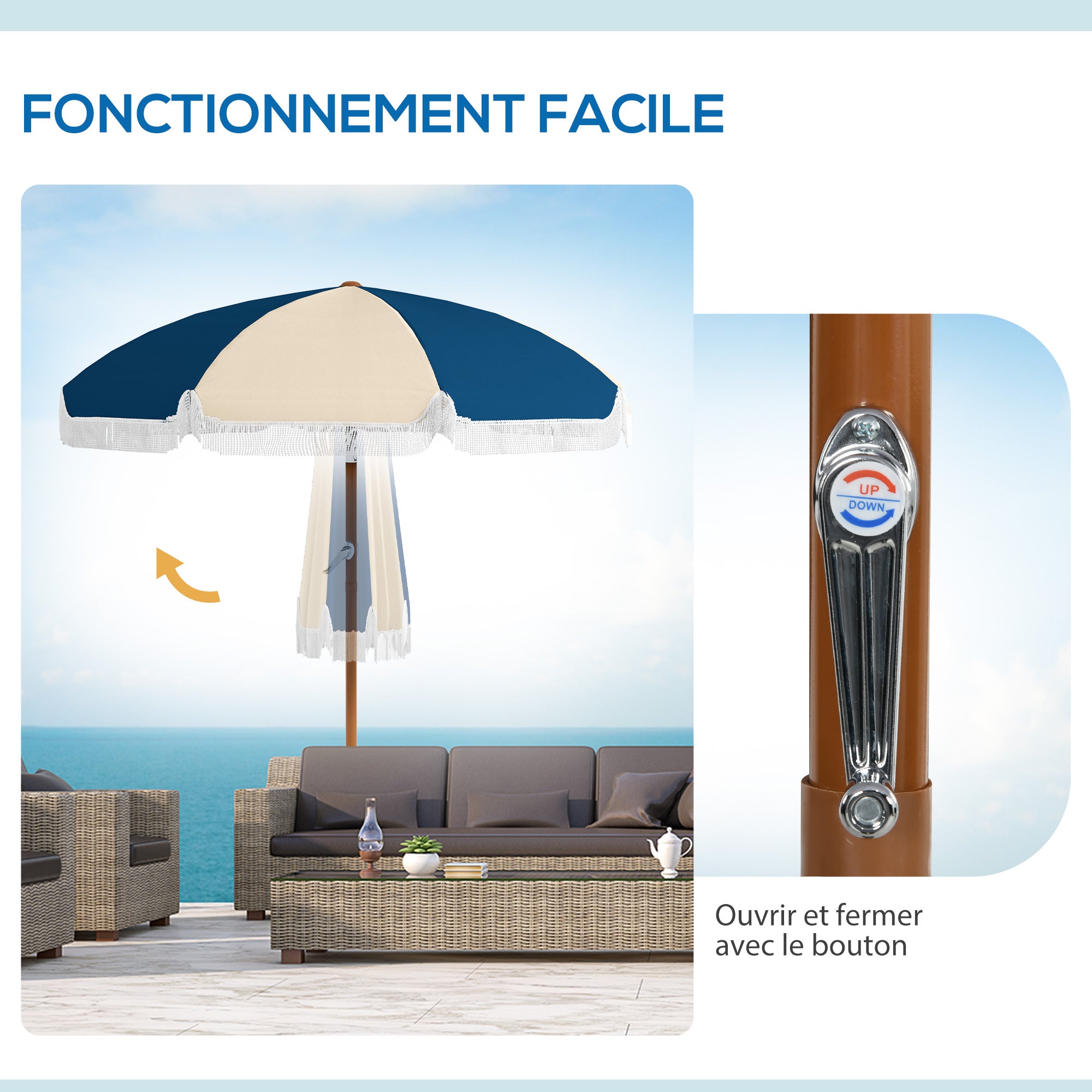 Straight garden parasol, tilting round parasol Ø 213 cm with fringes, high-density anti-UV polyester canopy, detachable mast, 8 ribs - vintage style - blue and beige