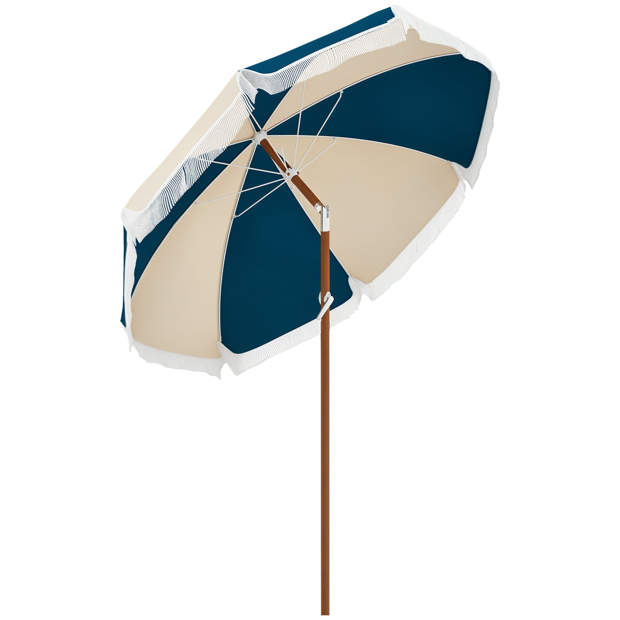 Straight garden parasol, tilting round parasol Ø 213 cm with fringes, high-density anti-UV polyester canopy, detachable mast, 8 ribs - vintage style - blue and beige