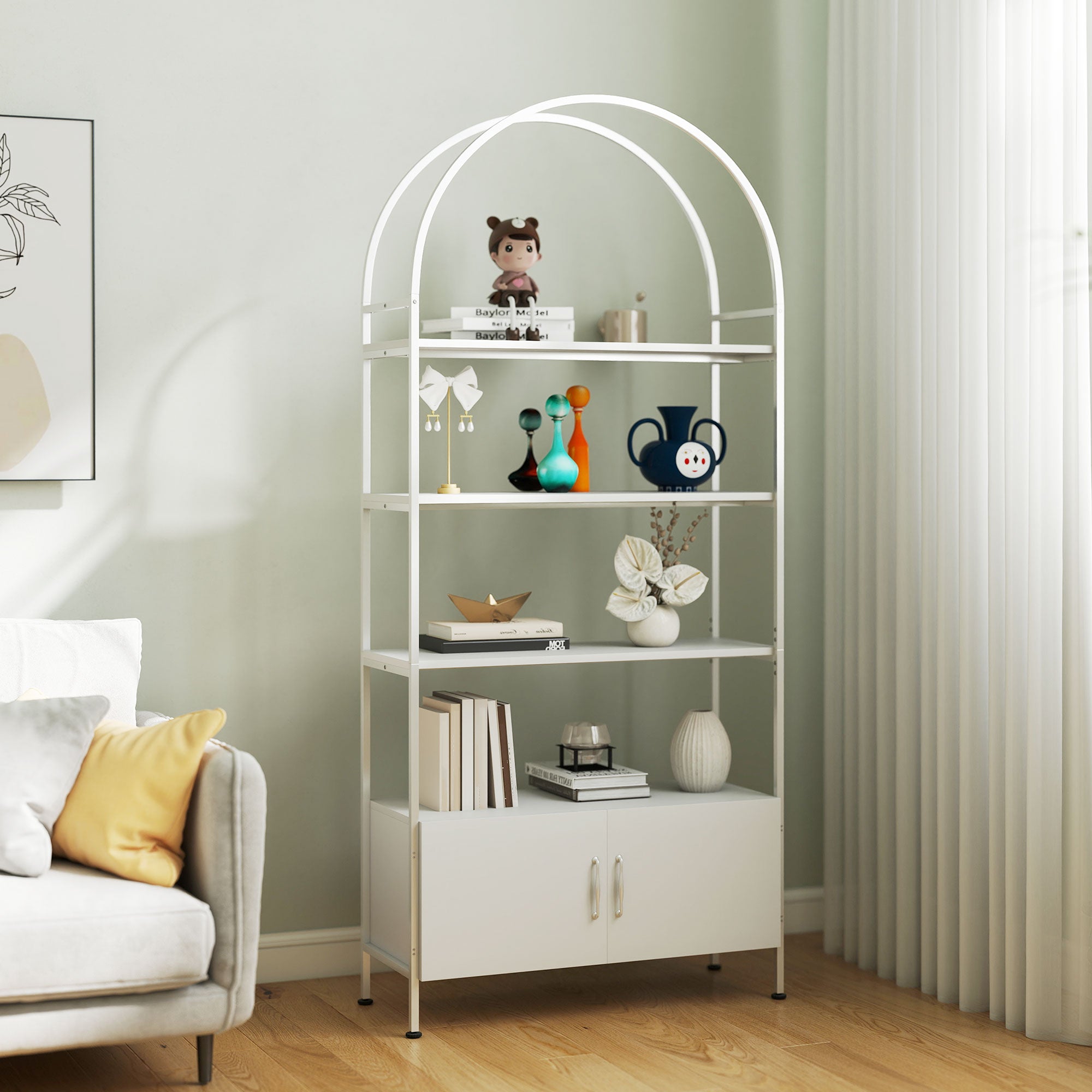4-Tier Arched Storage Shelf with Double-Door Cabinet, Adjustable Feet, Steel Frame, for Office, Living Room, Bedroom — 80 x 30 x 187 cm (31.5 x 11.8 x 73.6 in), White