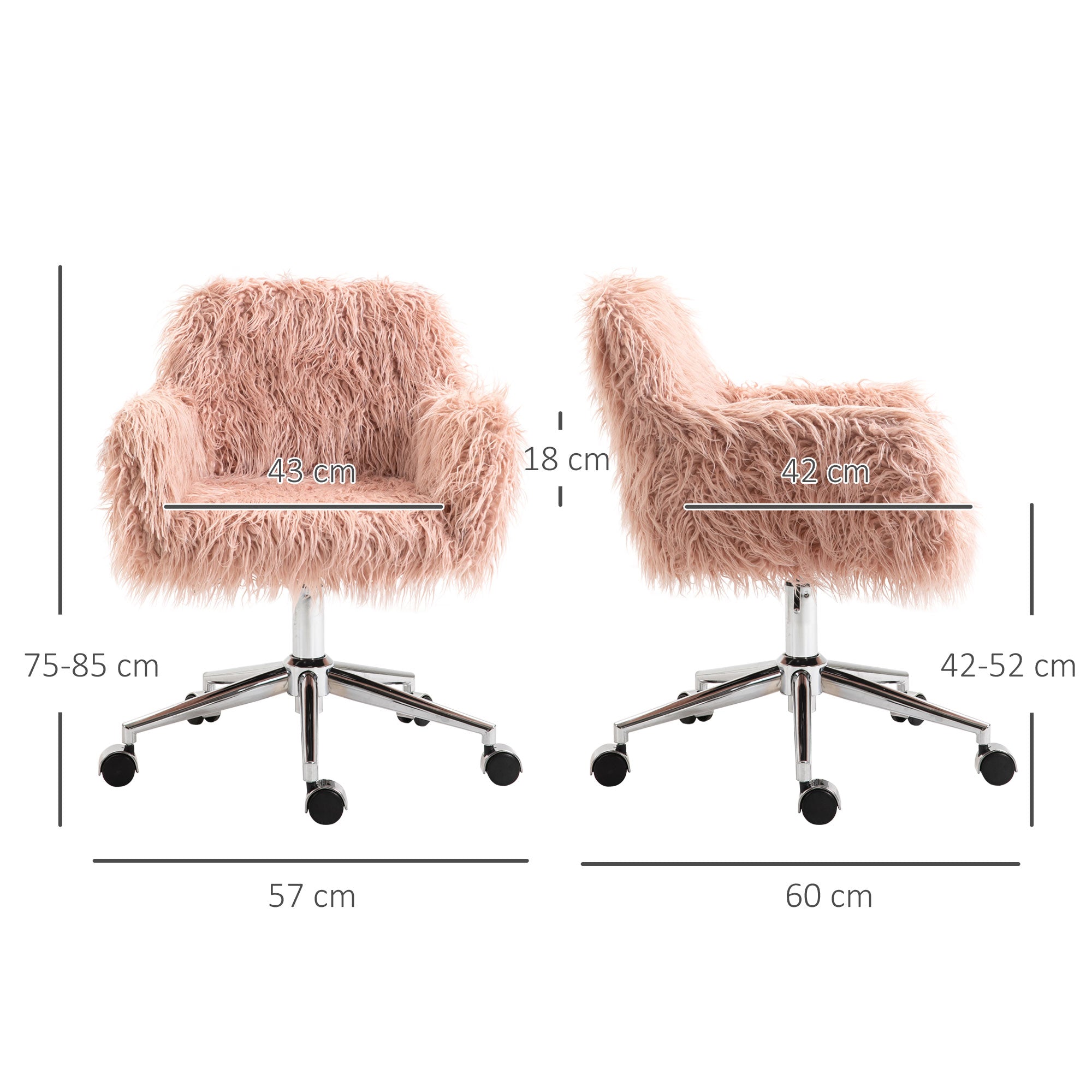 Office Chair Swivel Computer Chair Vanity Chair with Faux Fur Seat Height Adjustment for Girls Faux Fur Foam Pink+Silver 57 x 60 x 75-85 cm