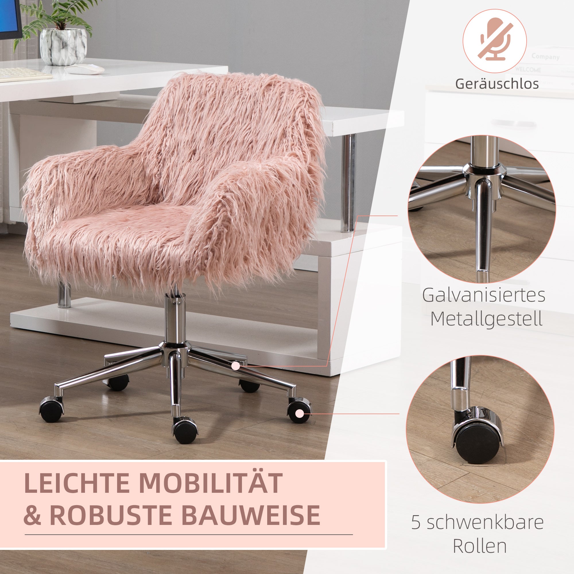 Office Chair Swivel Computer Chair Vanity Chair with Faux Fur Seat Height Adjustment for Girls Faux Fur Foam Pink+Silver 57 x 60 x 75-85 cm
