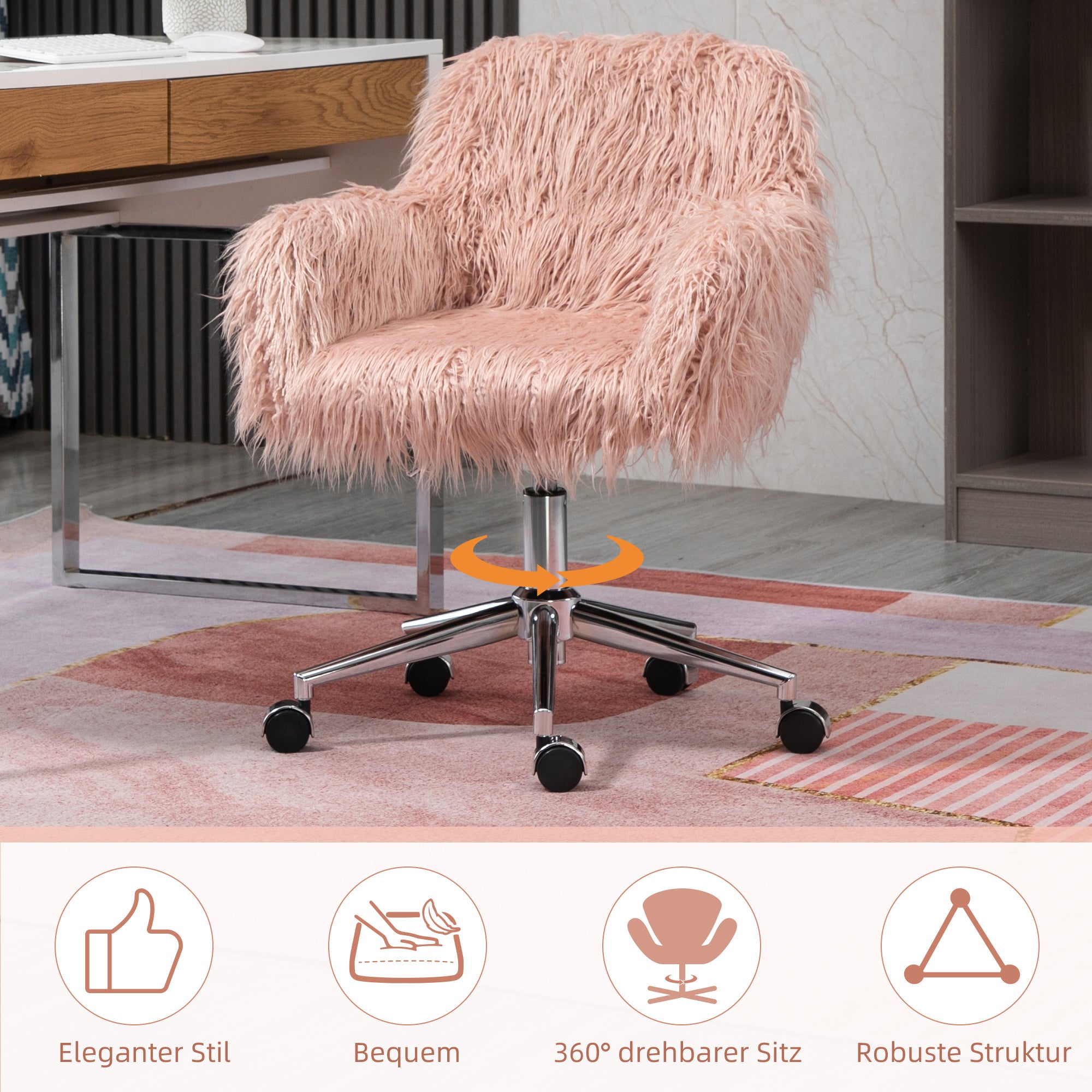 Office Chair Swivel Computer Chair Vanity Chair with Faux Fur Seat Height Adjustment for Girls Faux Fur Foam Pink+Silver 57 x 60 x 75-85 cm