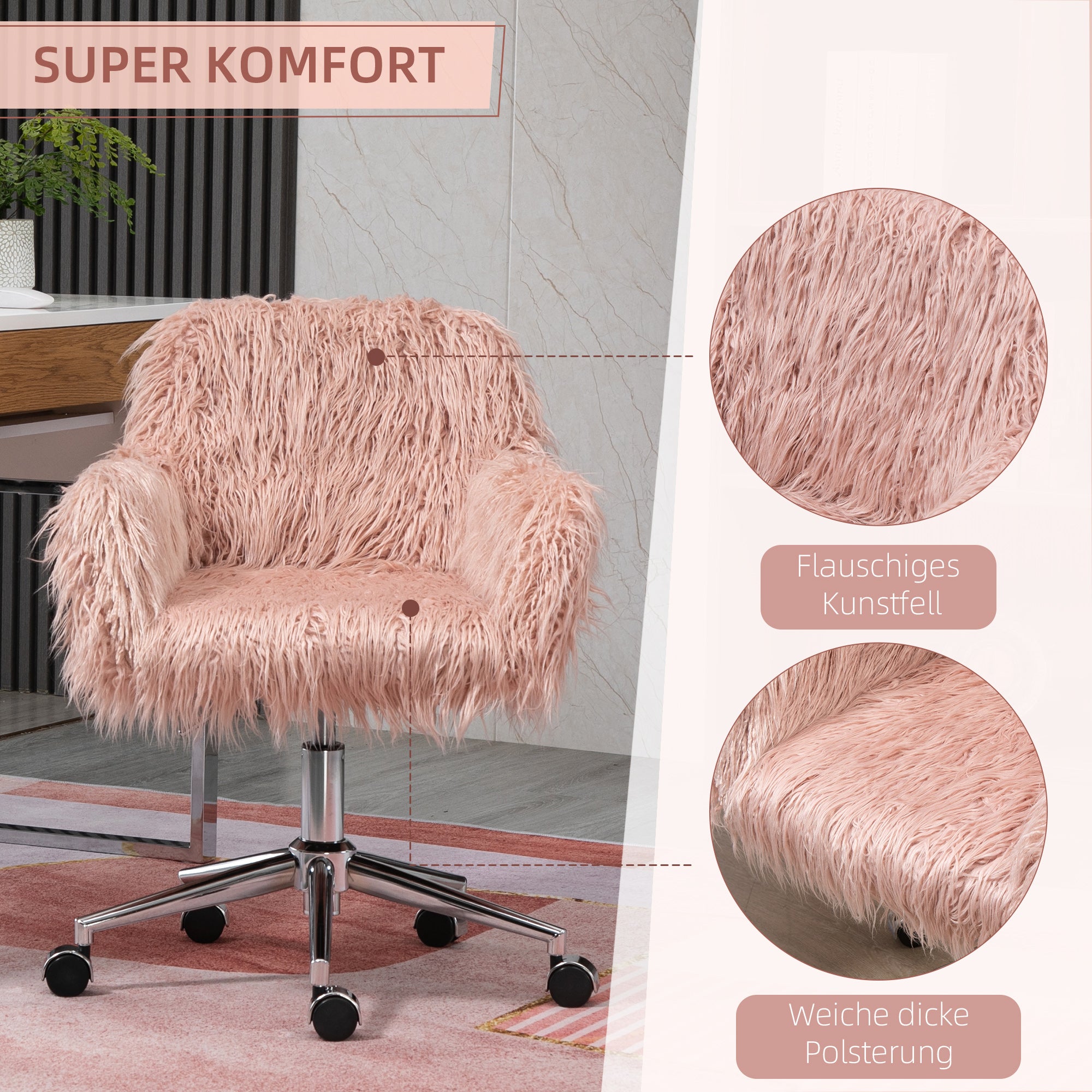 Office Chair Swivel Computer Chair Vanity Chair with Faux Fur Seat Height Adjustment for Girls Faux Fur Foam Pink+Silver 57 x 60 x 75-85 cm