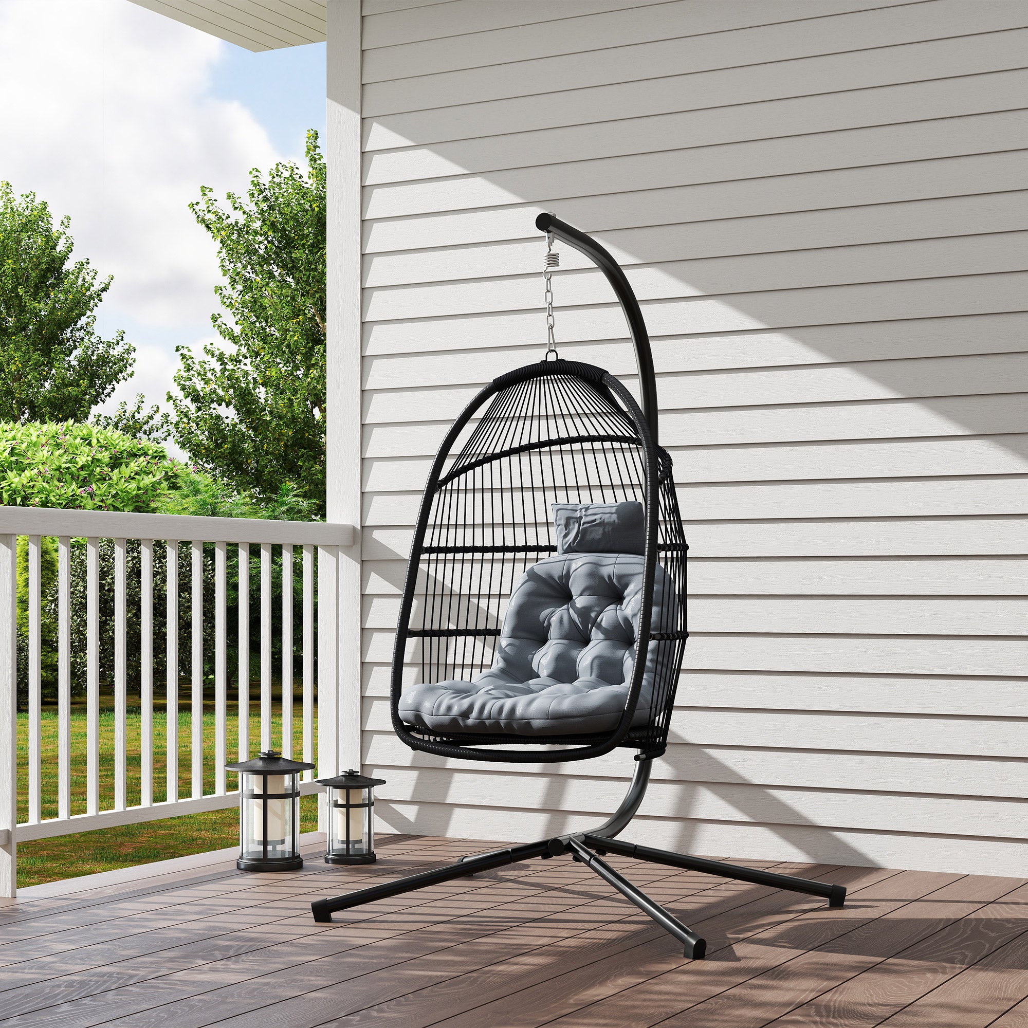 Egg Hanging Chair with Stand — Foldable PE Rattan Swing with UV-Resistant Cushion and Removable Headrest for Indoor & Outdoor, 331 lb Capacity, Dark Gray