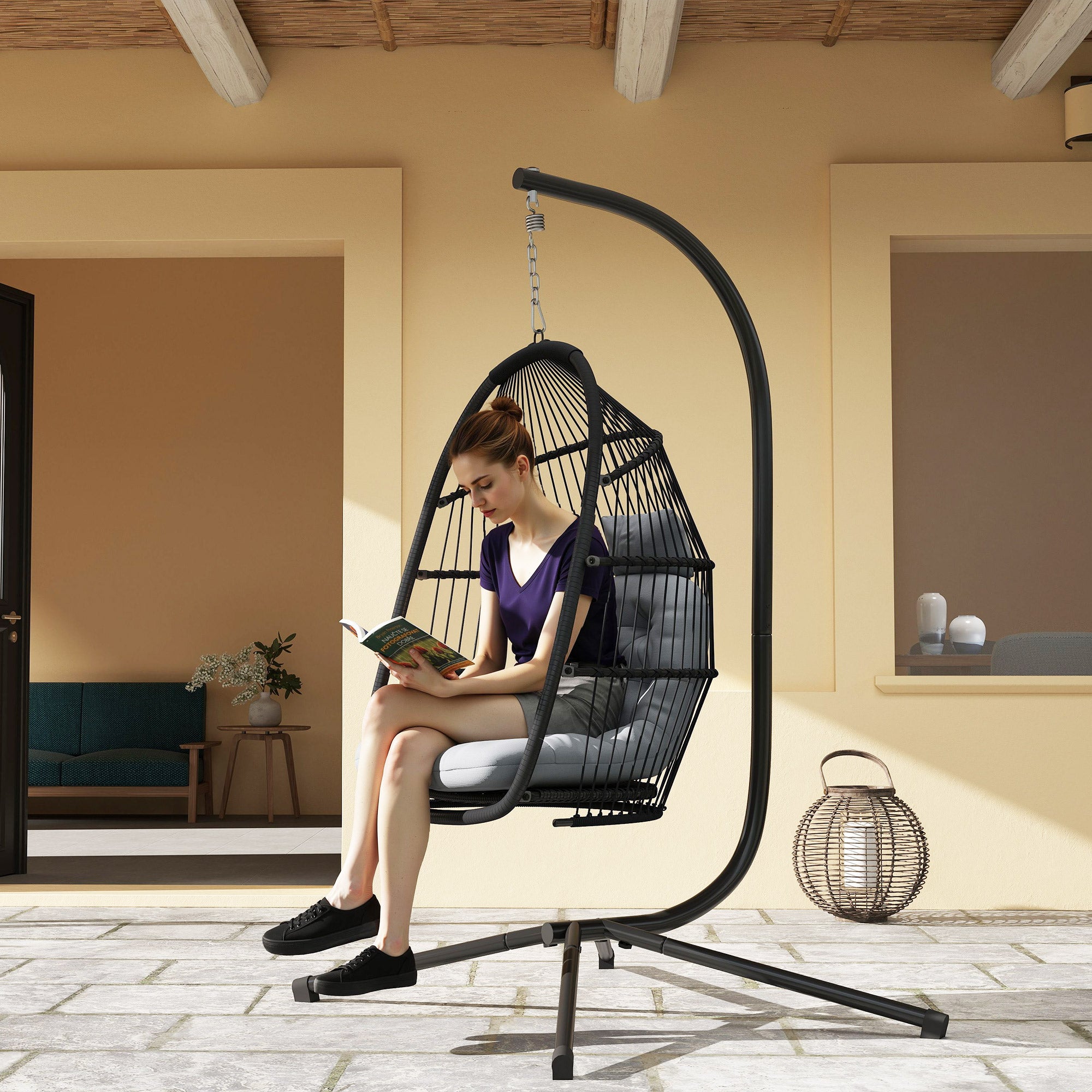 Egg Hanging Chair with Stand — Foldable PE Rattan Swing with UV-Resistant Cushion and Removable Headrest for Indoor & Outdoor, 331 lb Capacity, Dark Gray