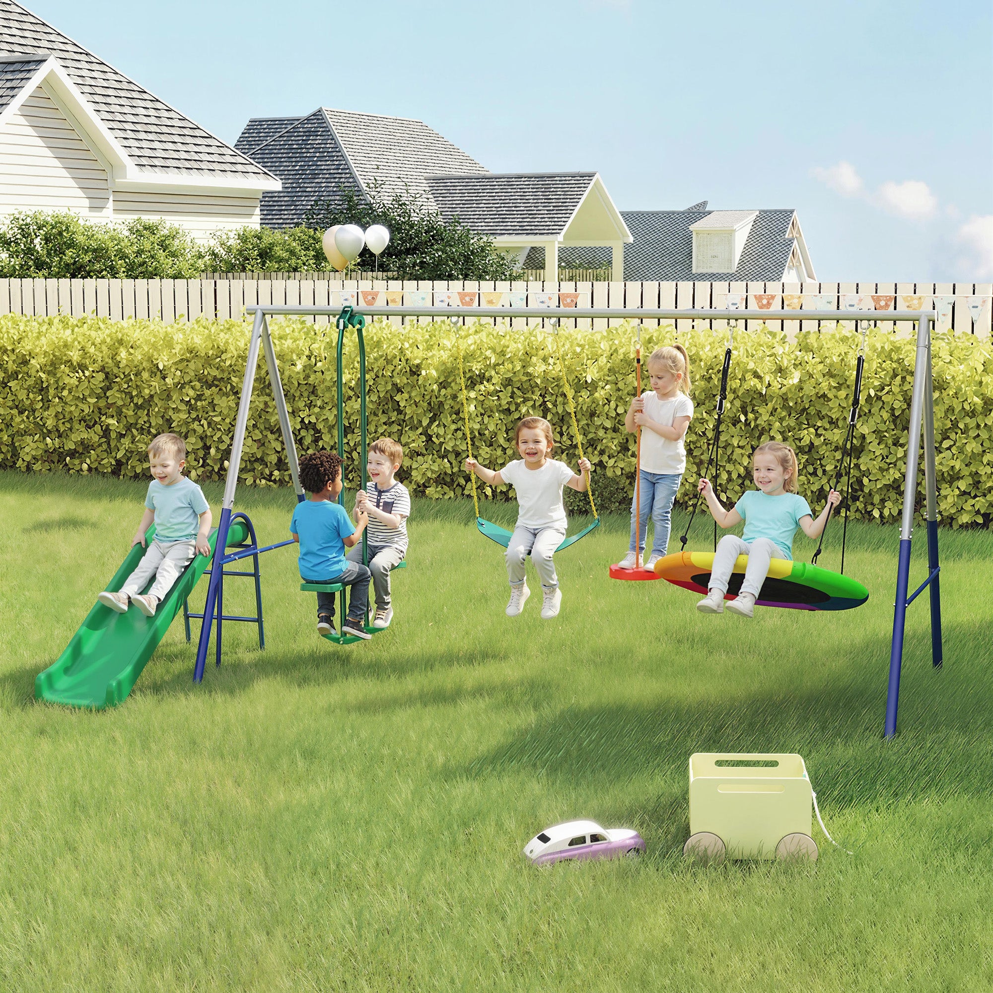 5-in-1 Kids Swing Set with Slide – Adjustable Seats, Nest & Strap Swings, Heavy-Duty A-Frame, Multicolor (For Ages 3–8)