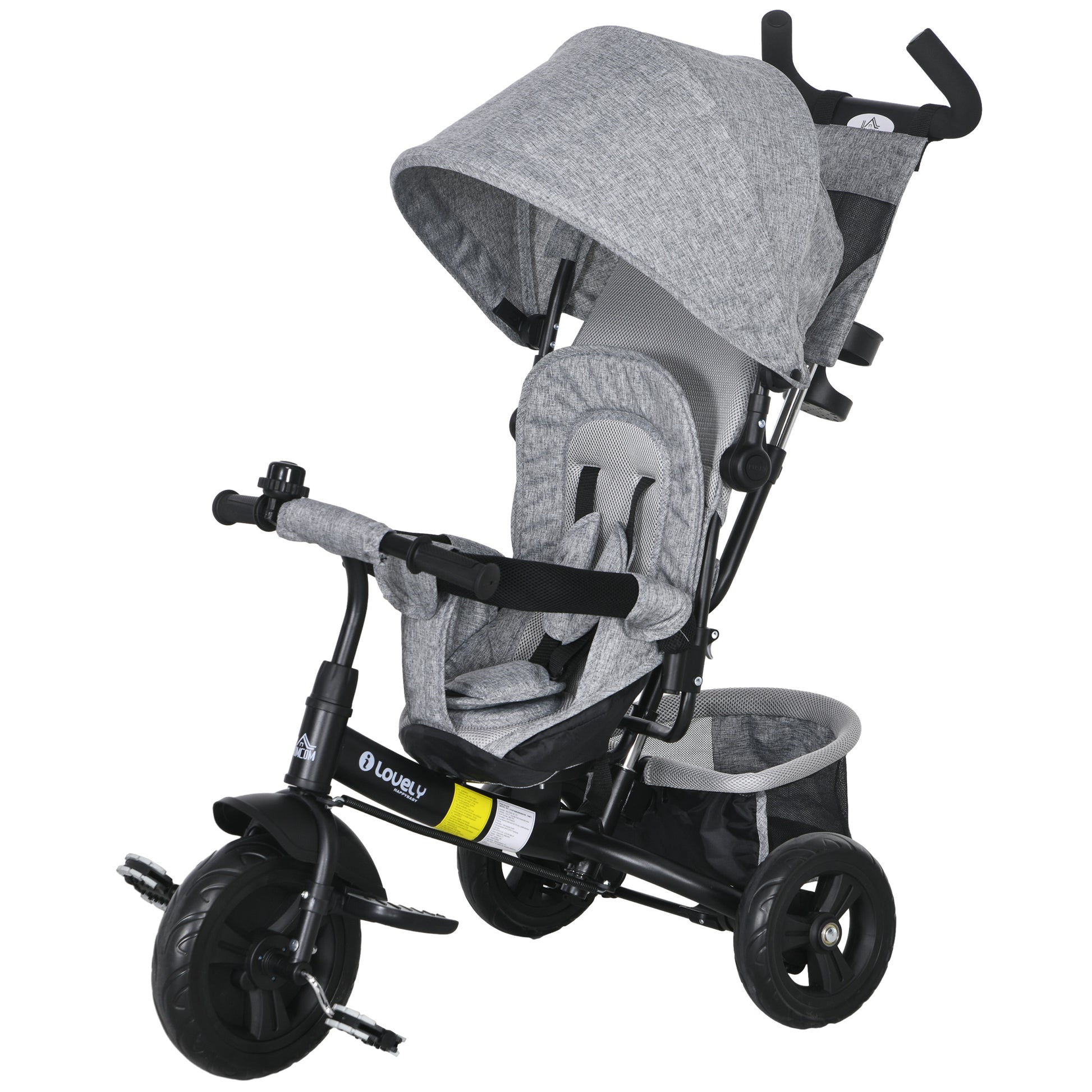 6-in-1 Tricycle with Push Handle, Kids Tricycle with Removable Sun Canopy, Cushion, Balance Bike with 5-Point Safety Belt, Basket, Cup Holder, for 1-5 Years Children, Gray