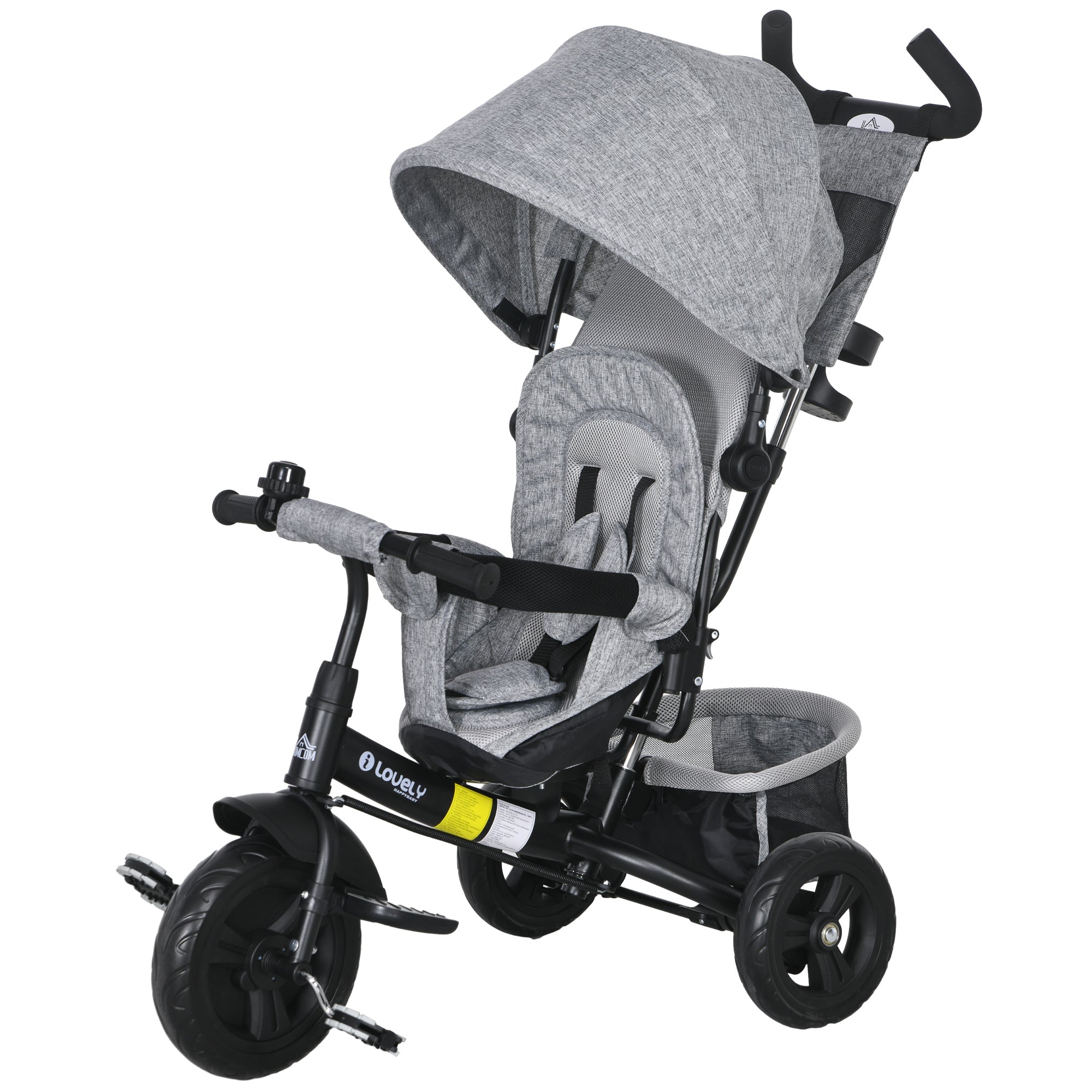 6-in-1 Tricycle with Push Handle, Kids Tricycle with Removable Sun Canopy, Cushion, Balance Bike with 5-Point Safety Belt, Basket, Cup Holder, for 1-5 Years Children, Gray