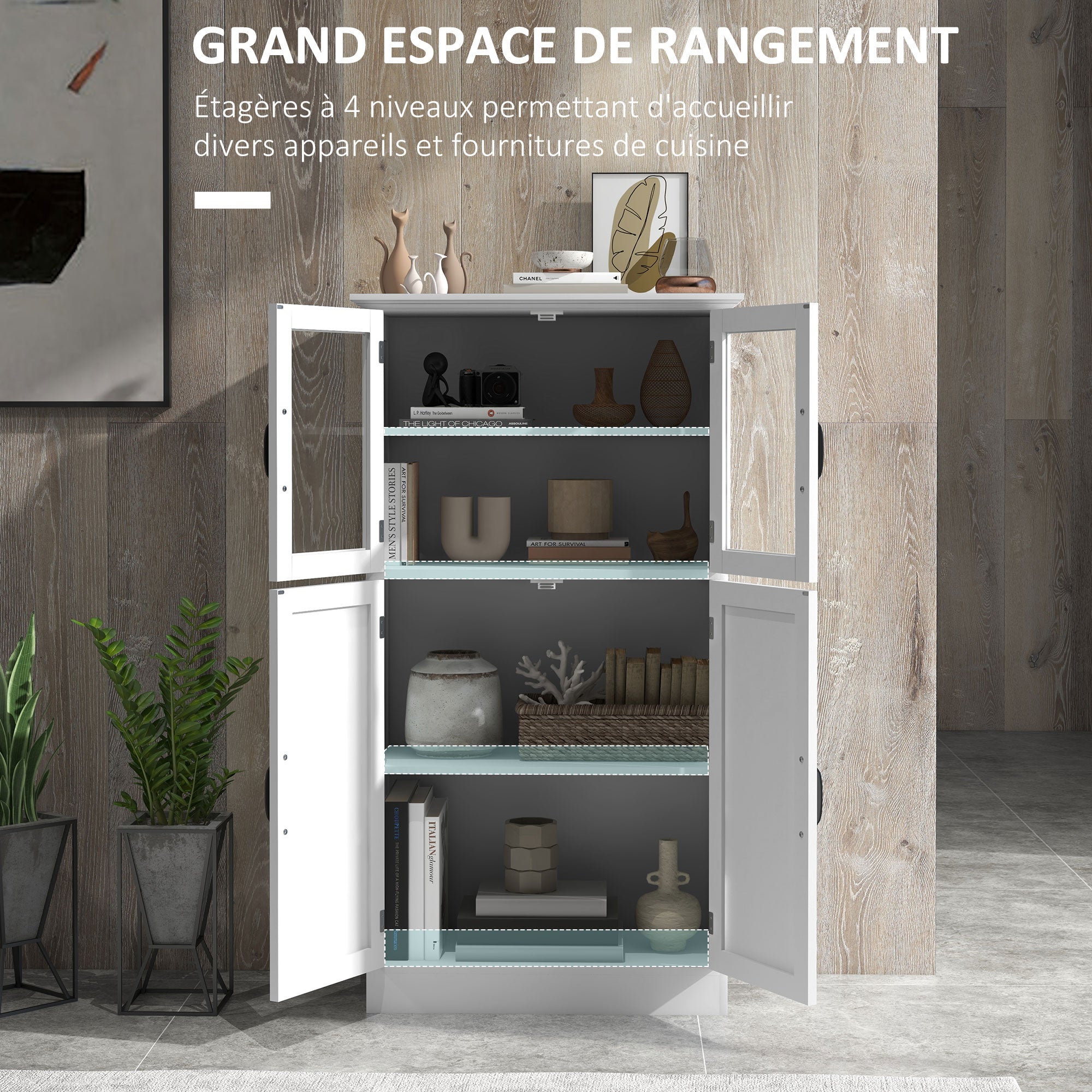 Contemporary Multi-Storage Kitchen Cabinet Buffet with 2 Glass Doors, 4 White Wood Shelves - White