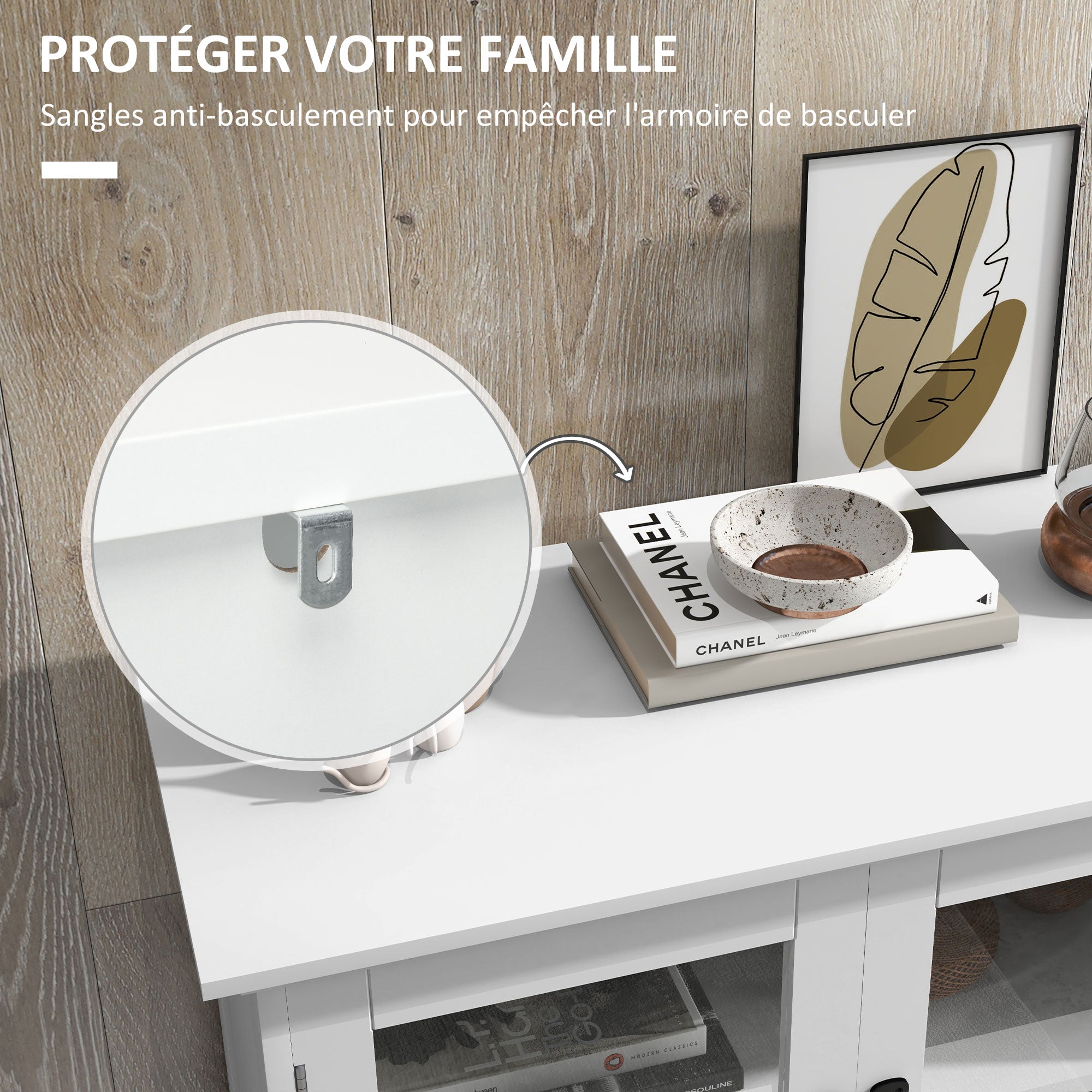 Contemporary Multi-Storage Kitchen Cabinet Buffet with 2 Glass Doors, 4 White Wood Shelves - White