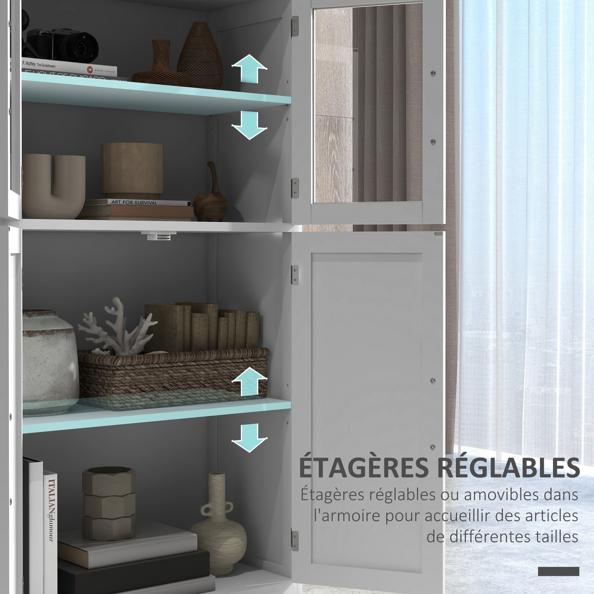 Contemporary Multi-Storage Kitchen Cabinet Buffet with 2 Glass Doors, 4 White Wood Shelves - White