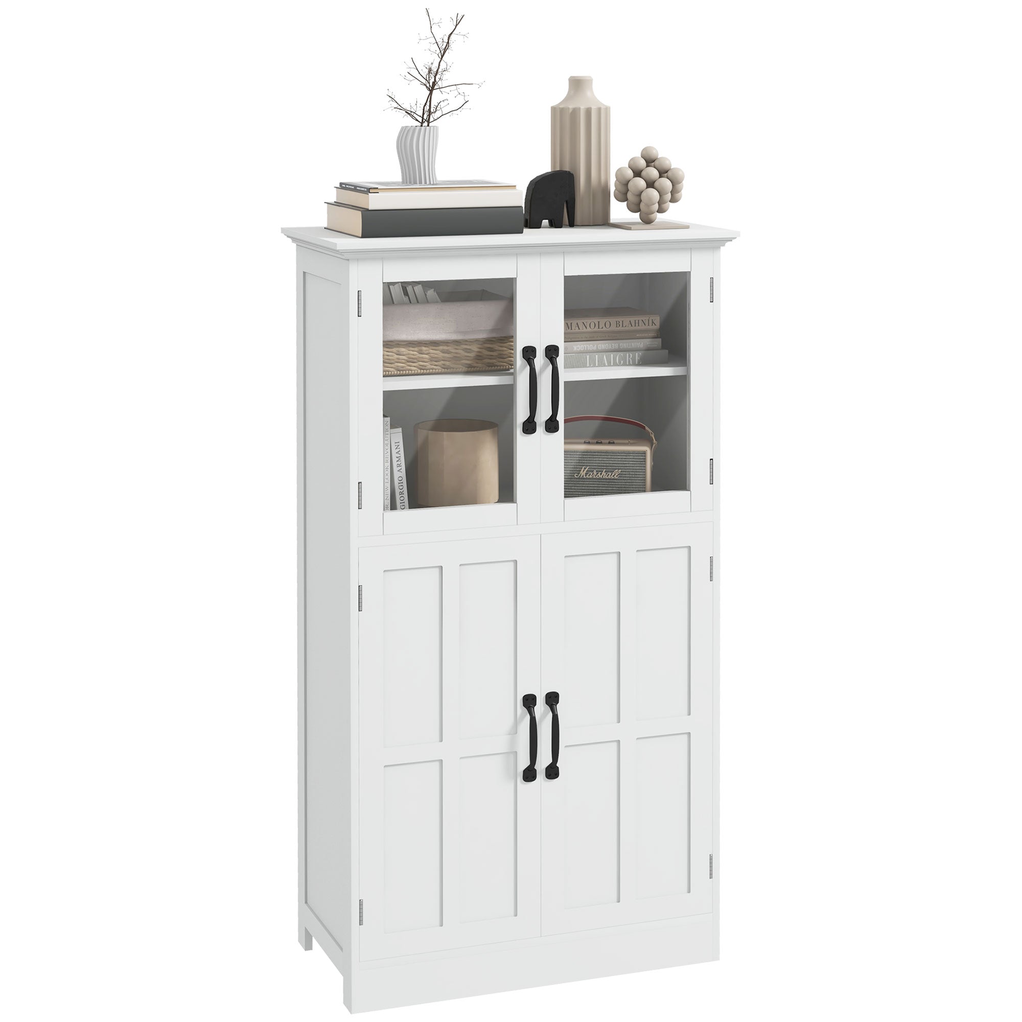 Contemporary Multi-Storage Kitchen Cabinet Buffet with 2 Glass Doors, 4 White Wood Shelves - White