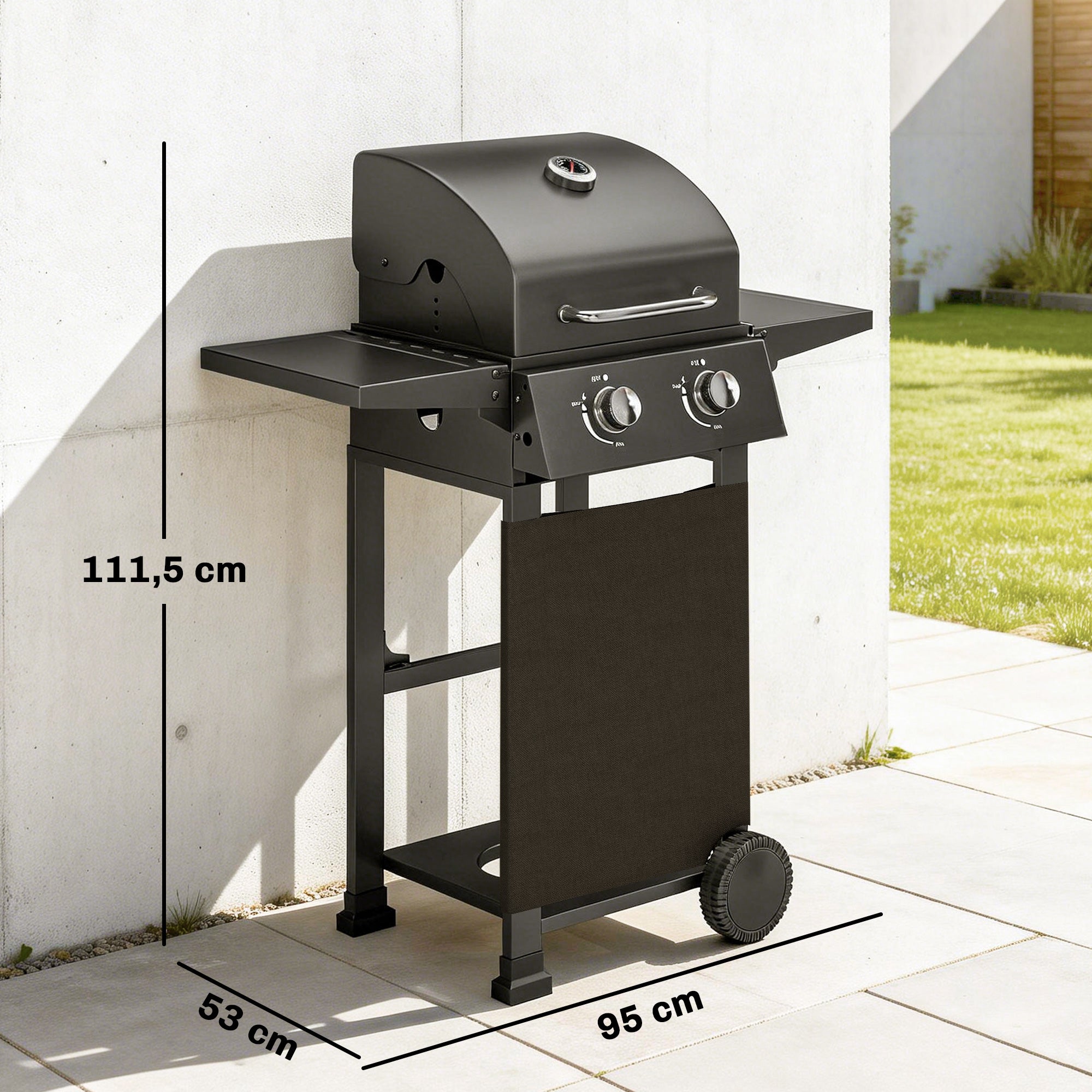5.4 kW 2-Burner Propane Gas Grill Cart — Steel BBQ with Folding Side Shelves, Lid Thermometer, Chrome Cooking Grates, Warming Rack, Wheels & Storage Cabinet — Black