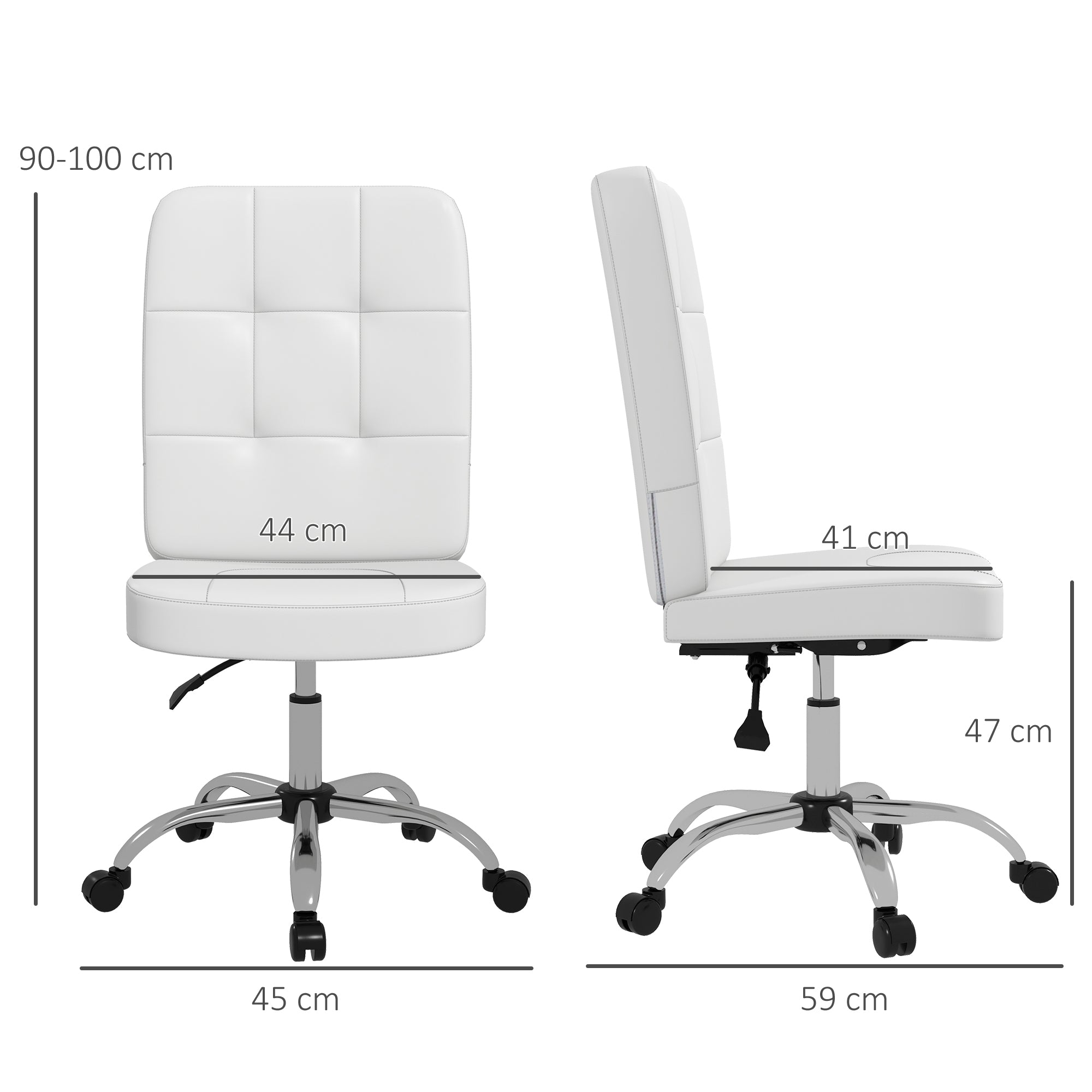 Armless Office Chair Swivel Faux Leather Desk Chair with Adjustable Height Modern Style Holds 120 kg 45x59x90-100 cm White